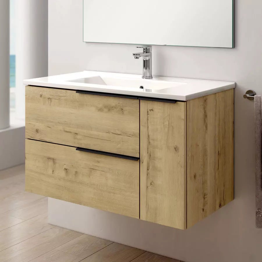 Meuble de salle de bain 80cm vasque centrée - 2 tiroirs - KING - Roble (chêne clair) - 2