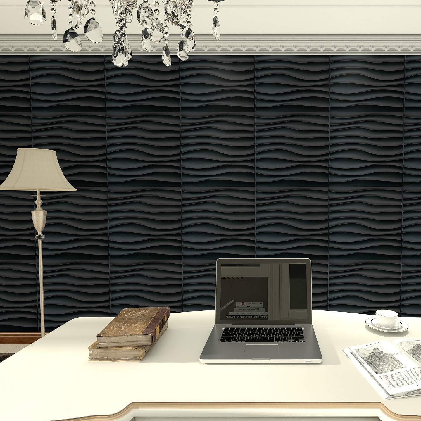 Lot de 12 Panneaux Muraux 3D Ondulés en PVC 50×50 cm – Panneaux Décoratifs Muraux pour Décoration Intérieure Salon Chambre, Noir (3㎡) - 4