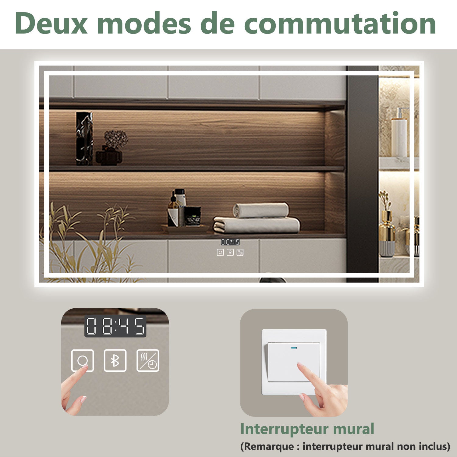 AICA Miroir lumineux 120 x 70cm, bluetooth + 3 couleurs + dimmable + horloge + anti-buée + mémoire, miroir salle de bain mural - 8