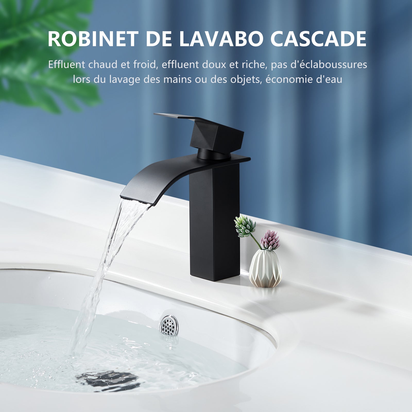 Noir Robinet Cascade pour Lavabo Mitigeur Salle de Bain en Acier Inox Mitigeur Lavabo avec Levier Unique - 7