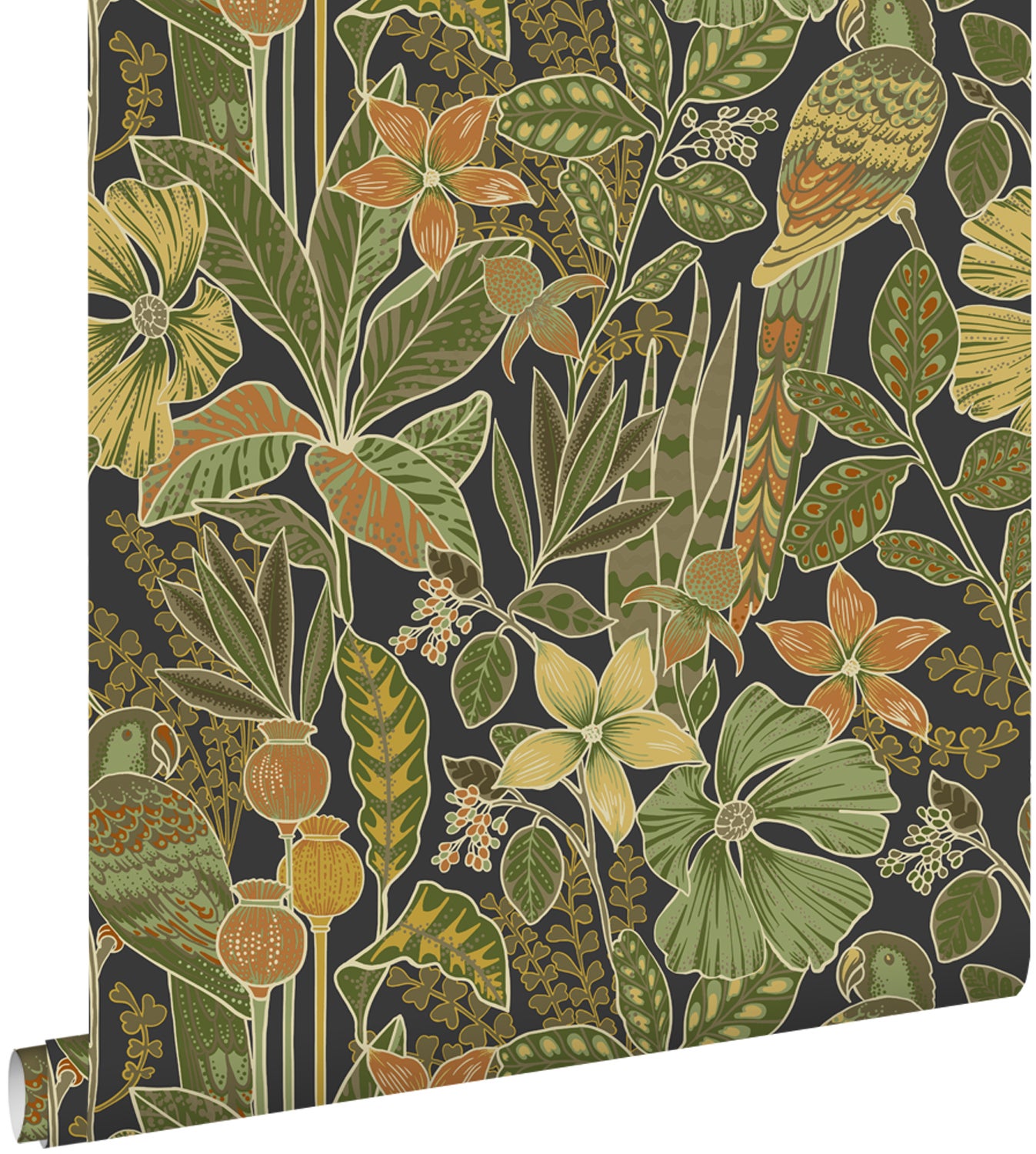 Papel pintado flores tropicales y aves del paraíso verde oliva agrisado - 50 x 900 cm - estahome