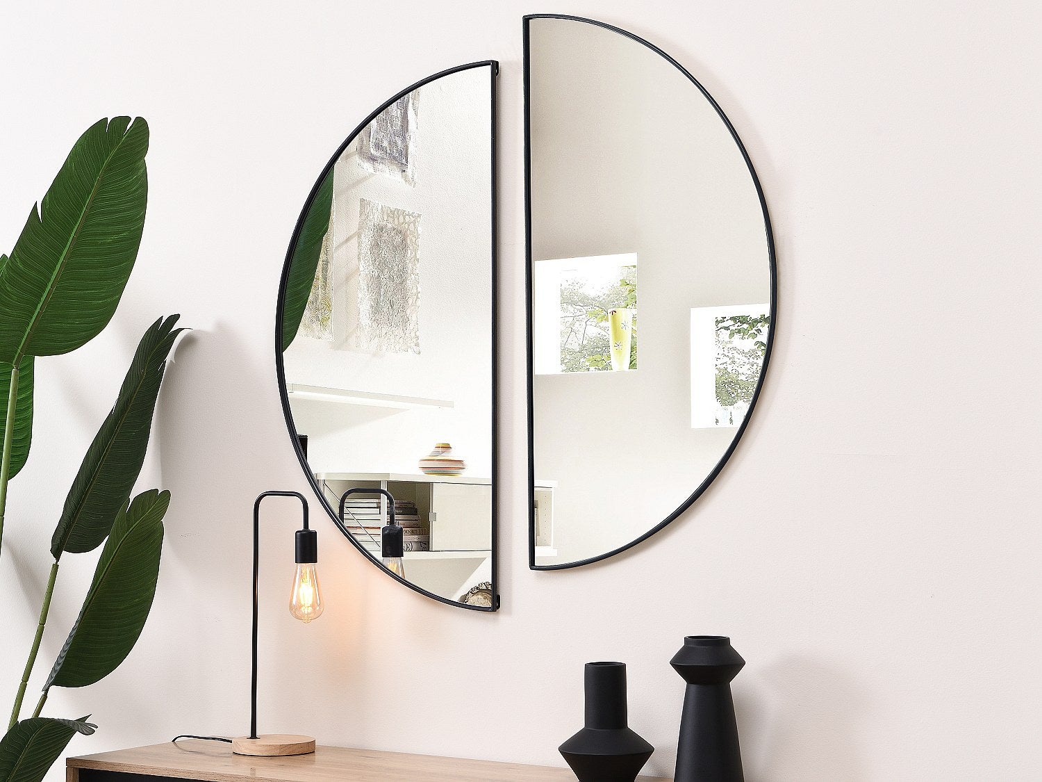 Zestaw 2 designerskich półokrągłych luster z metalu - Dł.50 x Wys.100 cm - Czarne - GAVRA