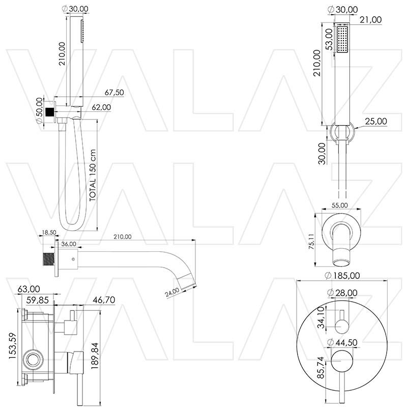 Valaz Robinet de baignoire rond monocommande en acier brossé avec bec de 21 cm - Série Jucar - 2