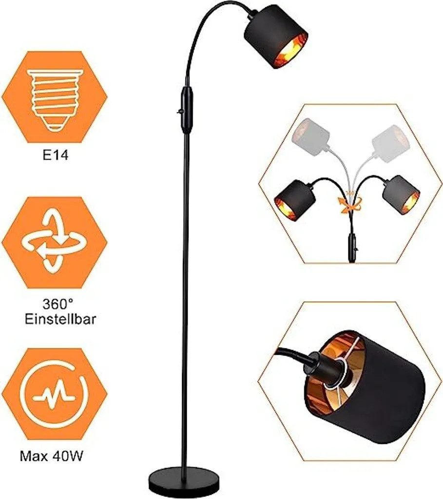 NETTLIFE Czarna lampa podłogowa do salonu w stylu vintage, nowoczesna tkanina podłogowa z kątem obrotu 360°, przełącznik kołyskowy E14, bez żarówki. - 3