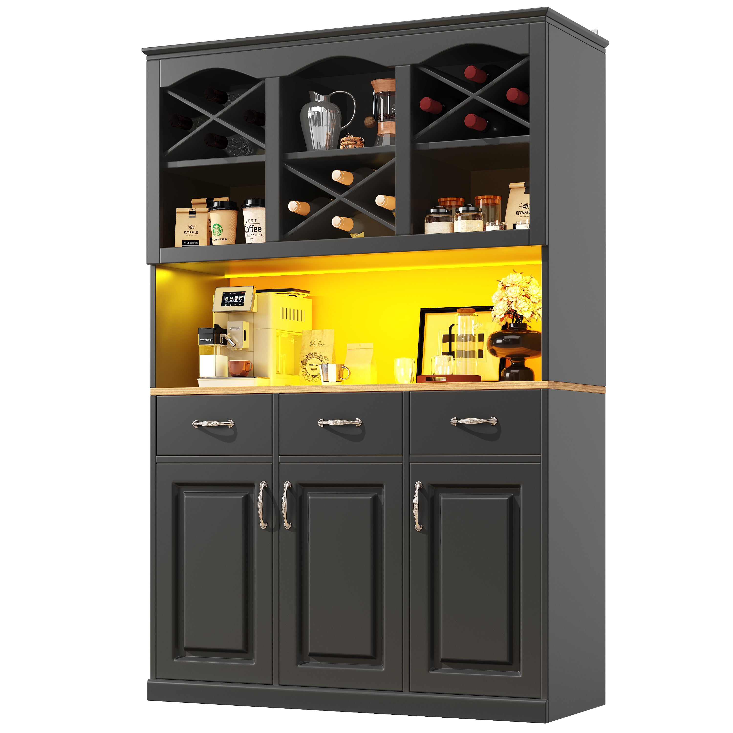 Buffet de cuisine avec 3 portes, 3 tiroirs et casiers à vin - 120 x 40 x 180 cm - LEDs - MDF - pour cuisine ou salle à manger - Noir - 7