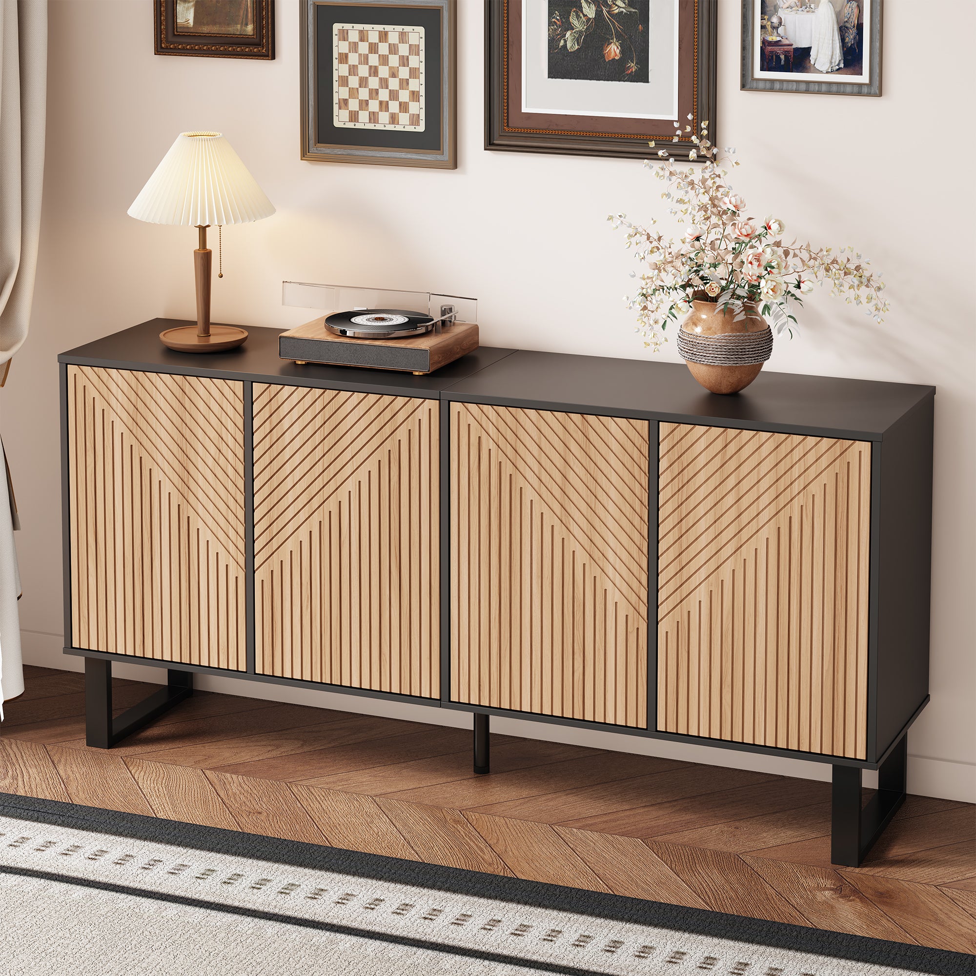 Nowoczesna komoda z 4 drzwiami - 160 x 38 x 75 cm - Płyta wiórowa + MDF - Kolor naturalny + czarny - 3