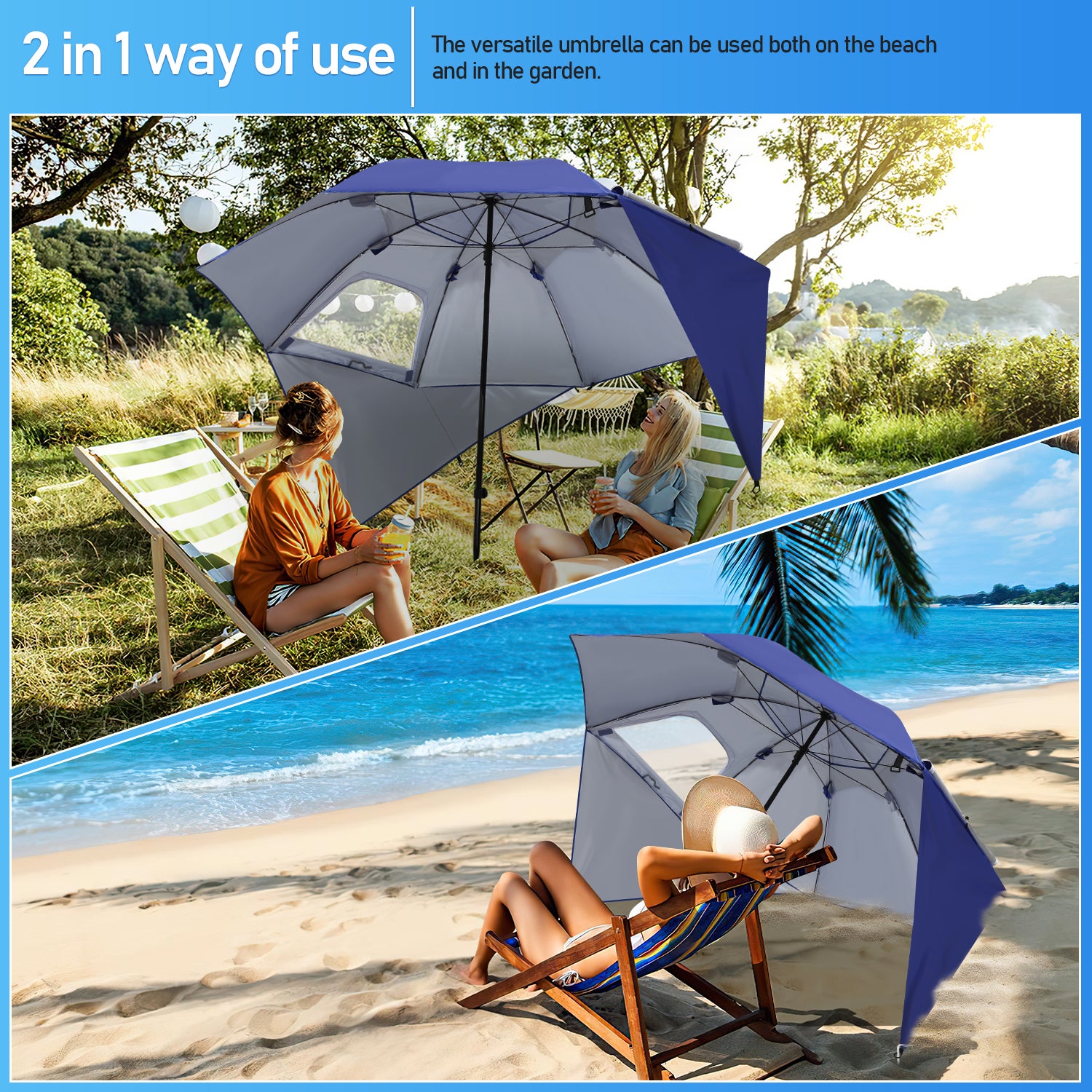 Parasol de plage ou jardin 210 cm avec protection UV, en bleu, en polyester durable, avec piquet, avec ou sans côté - 4