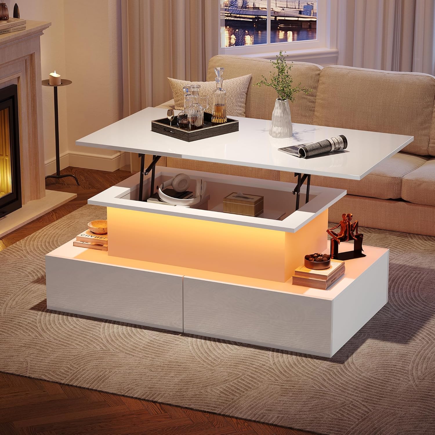 Table basse relevable LED, 90 x 55 x 41cm, Table d'appoint moderne salon, avec 4 grand tiroirs, rangement caché Blanc - 3