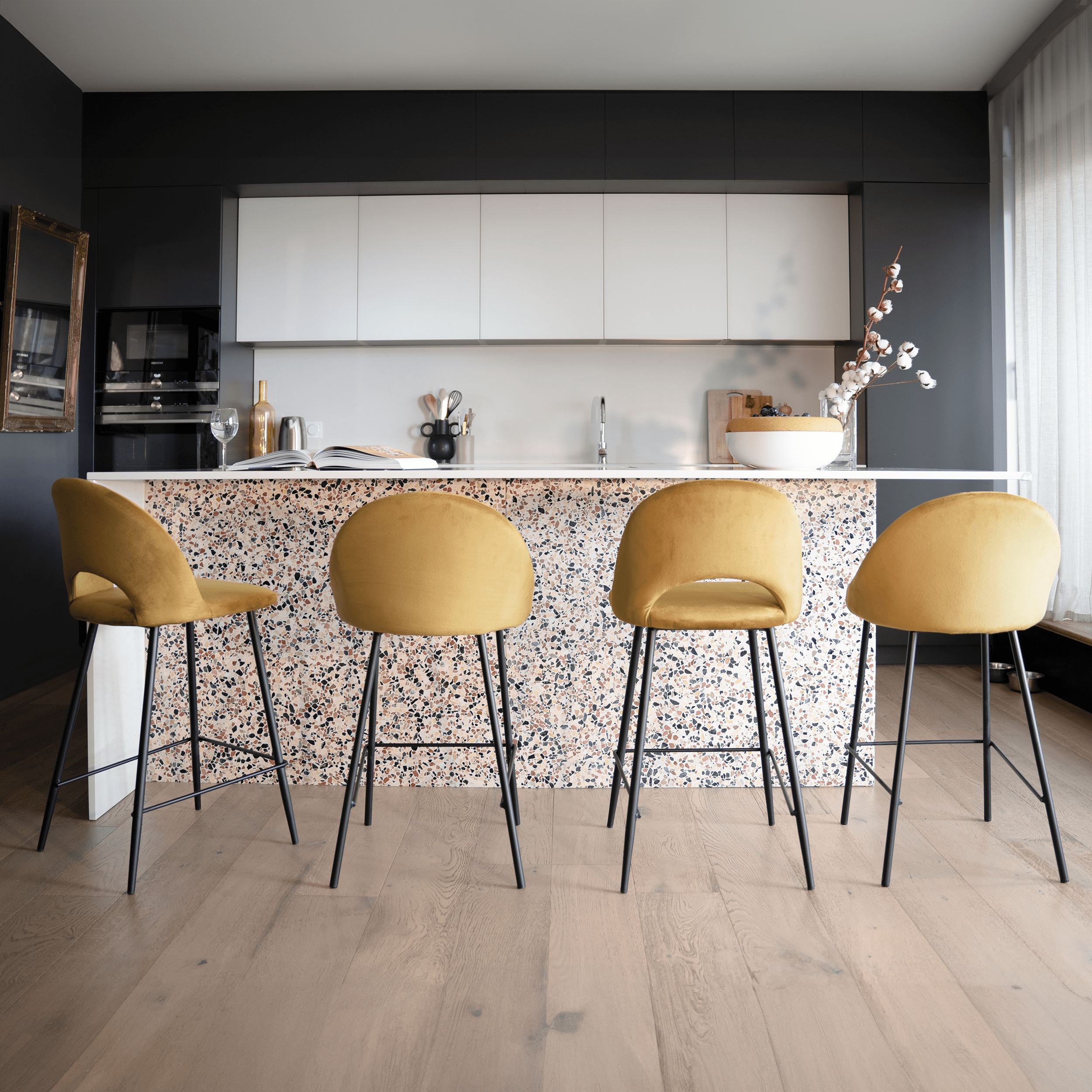 Set de 2 taburetes para isla de cocina de terciopelo amarillo 65 cm - Misty - 2