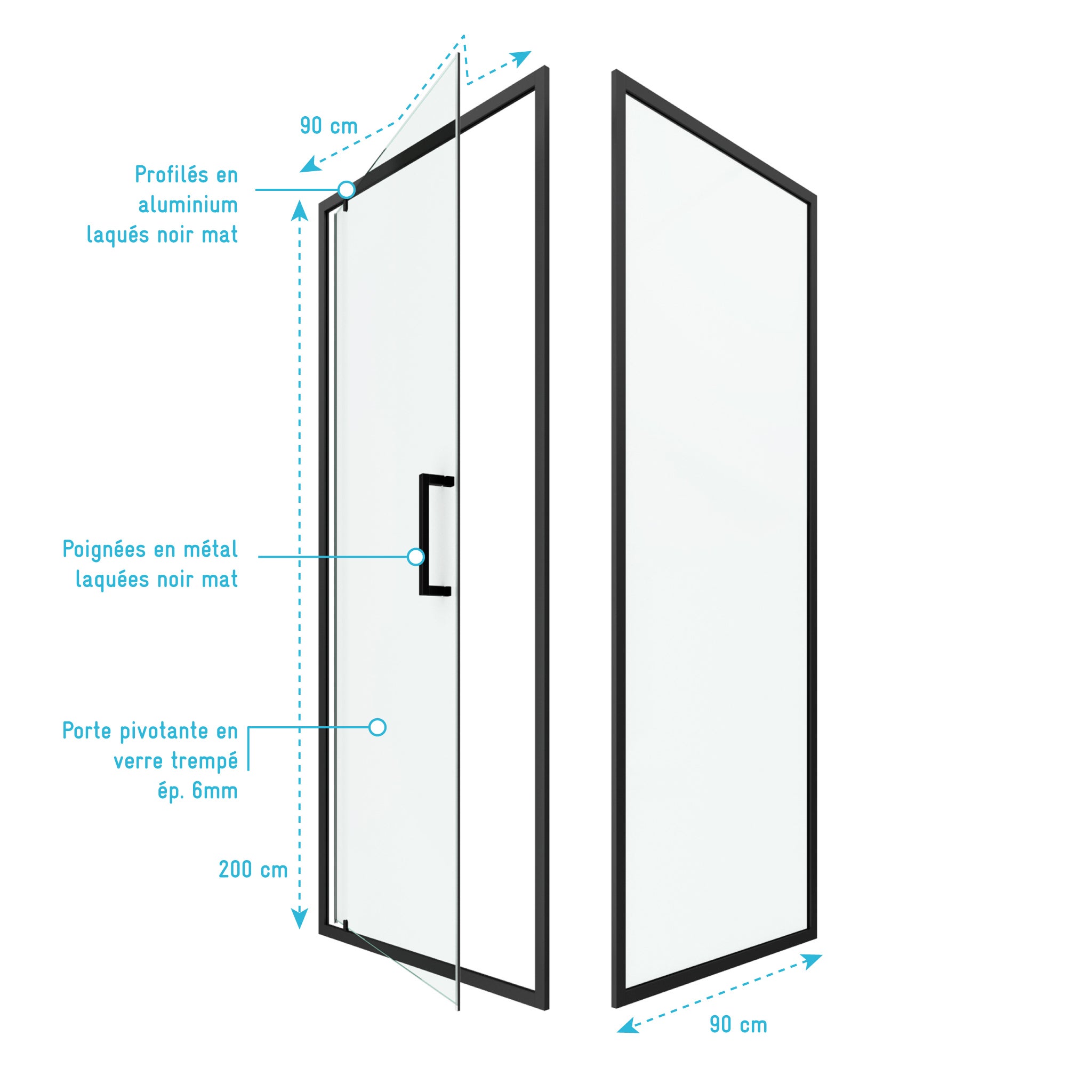 Porte de douche Pivotante et retour 90x90x200 - Profilés noir mat - CRUSH PIVOTANTE - 4