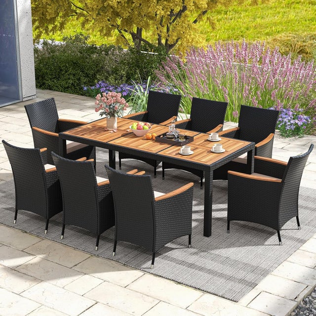 Salon de Jardin en Rotin 9 Pièces pour 8 Personnes Plateau de Table en Acacia, Ensemble de Salle à Manger , Chaise Charge 180KG, Noir+Beige
