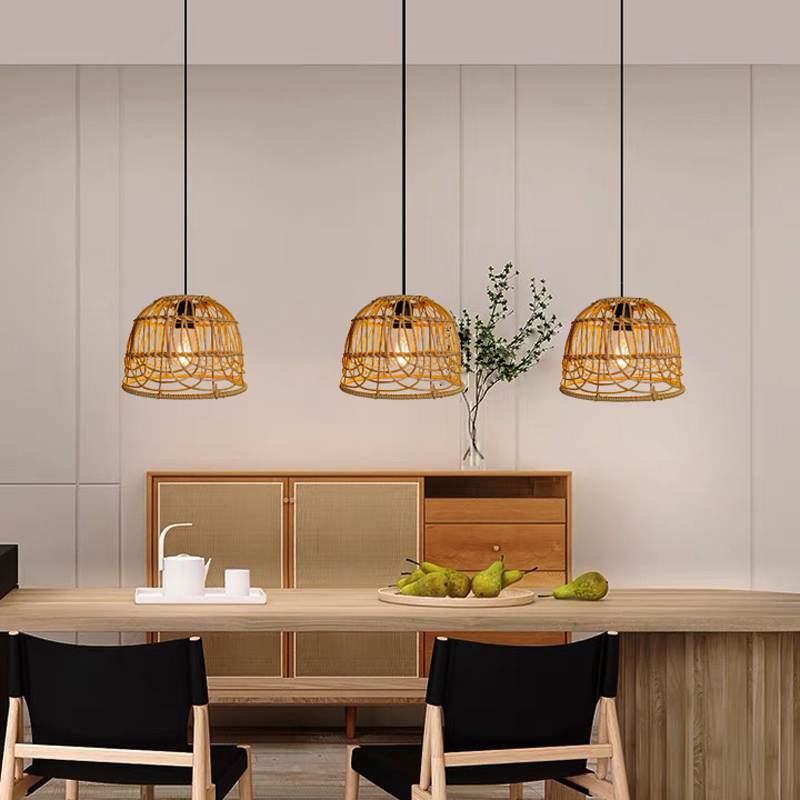 Lampadario in rattan - lampadario da esterno bohémien portatile, attacco E27, lampadario in rattan intrecciato artigianale, con telecomando - 6