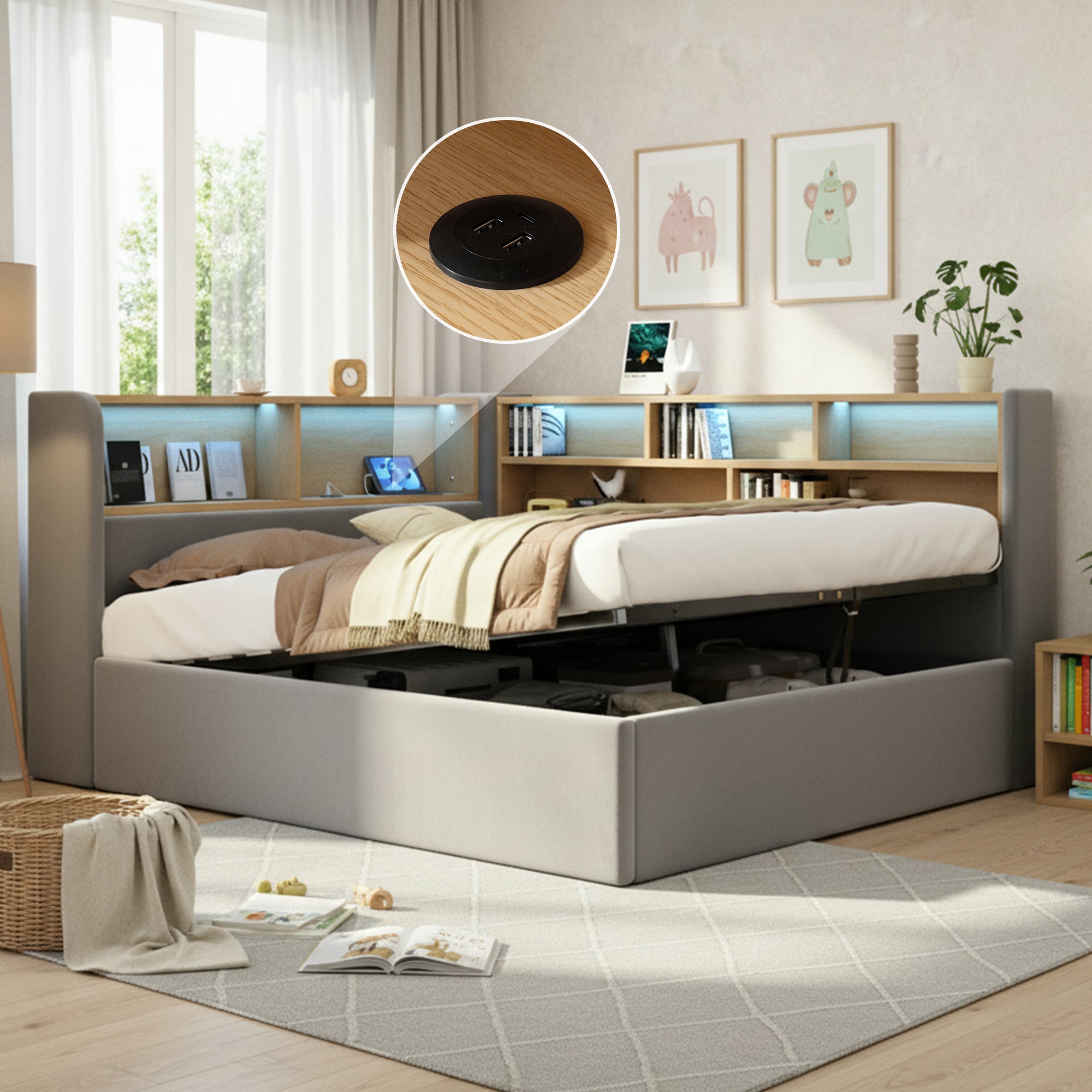 Łóżko z pojemnikiem 140 x 200 cm, zagłówkiem i schowkami, sofa rozkładana - Aksamit - Diody LED, porty USB - Szare