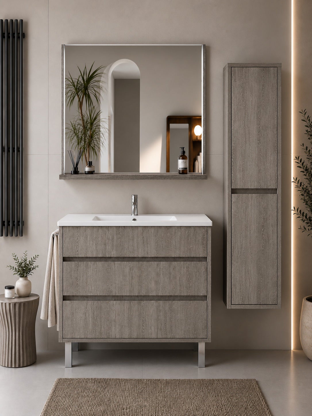Mobilier de baie cu lavoar ORIGENBATH IMPERIA fără oglindă 120x45 cm stejar smoky cu coloană