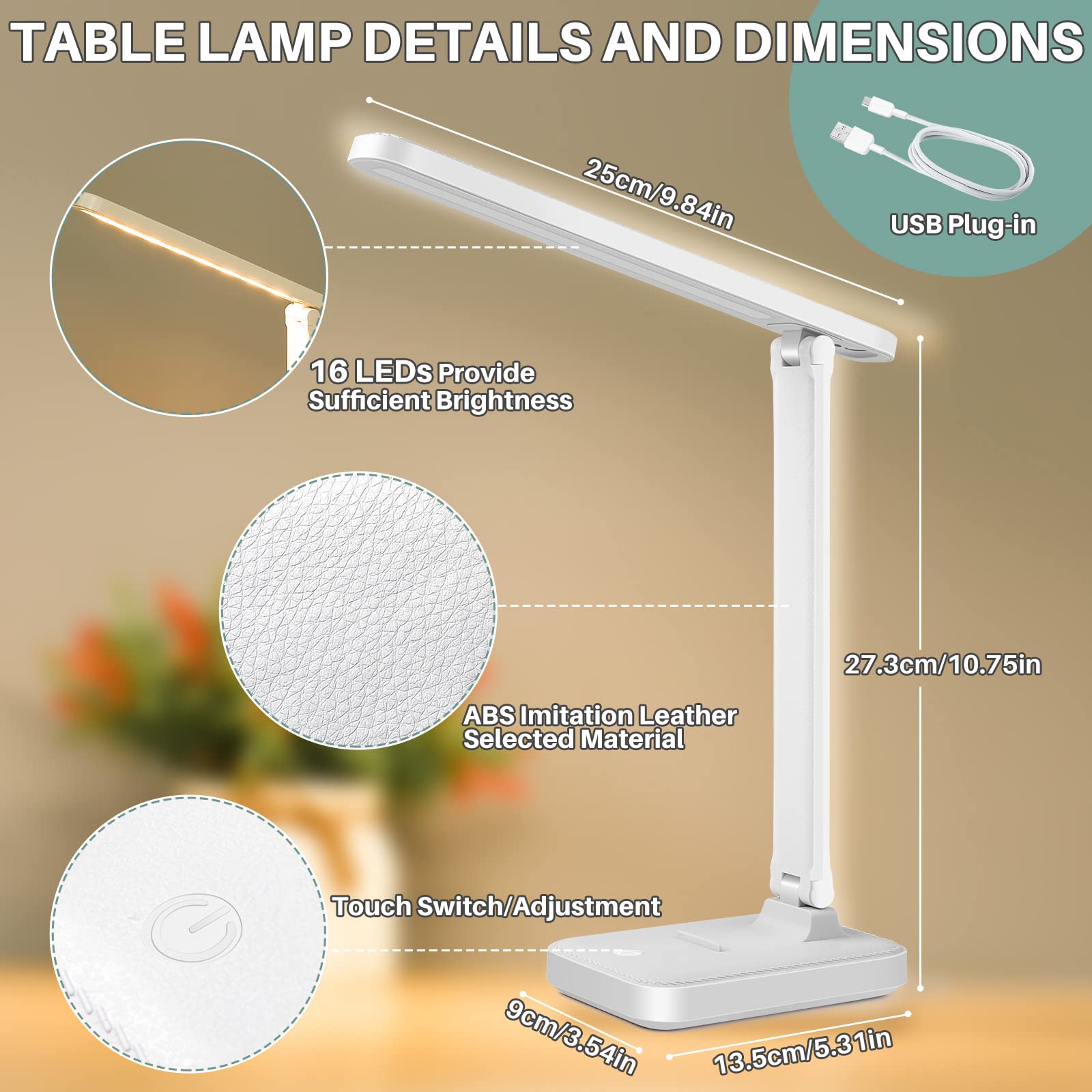 Lampe de bureau,lampe de table LED,pliable 3 couleurs niveaux d'éclairage,USB charge,contrôle tactile,avec protection des yeux LED lumière bureau - 7