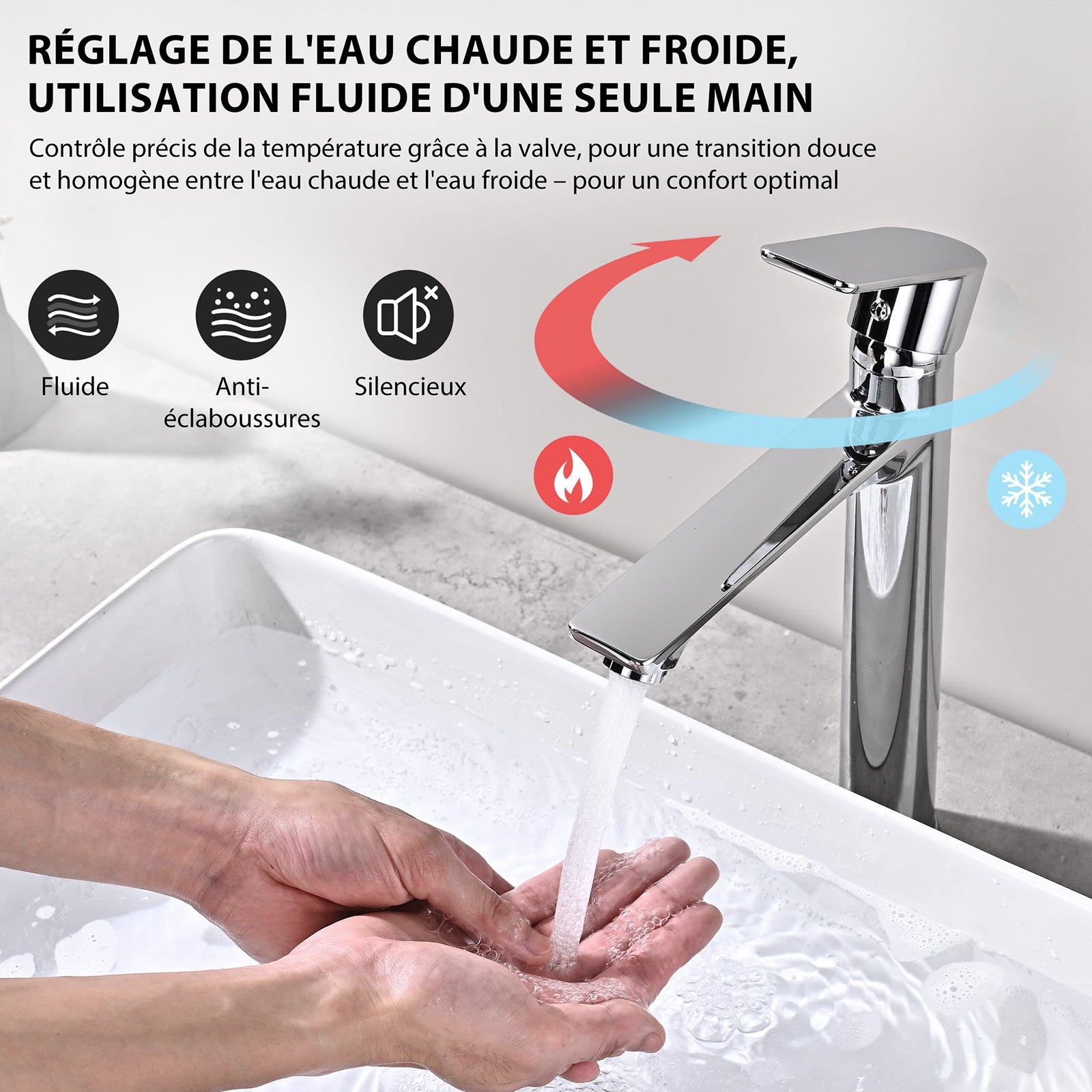 Rubinetto Lavabo Cromato con Bocca Alta, Rubinetto da Bagno per Lavabo da Appoggio, Rubinetteria per Acqua Calda e Fredda, in Ottone Durevole - 5