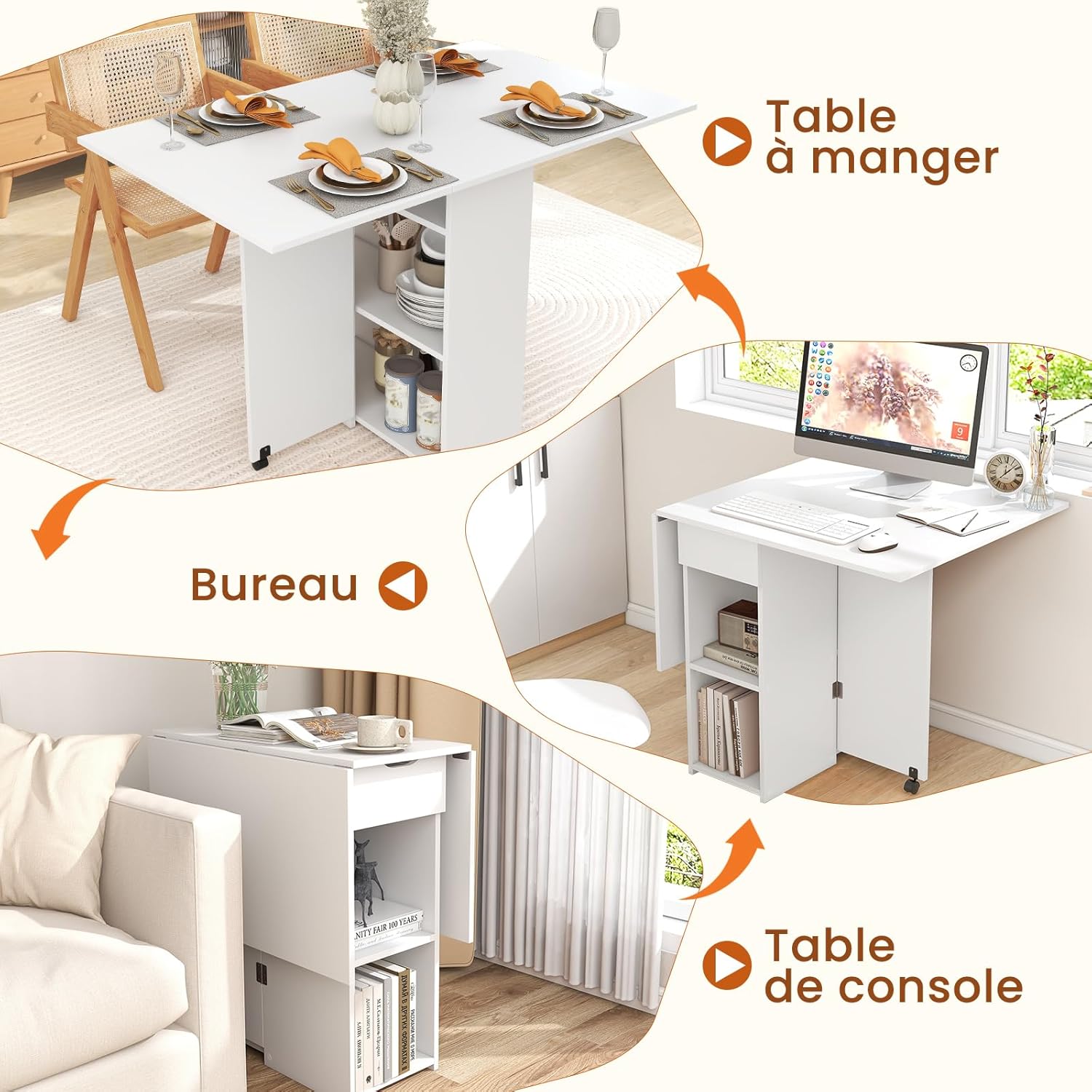 Składany Stół Mobilny z 2 Kółkami, 2-Stopniową Półką i Szufladą - Do Jadalni, Kuchni, Małego Salonu (Biały) - 4