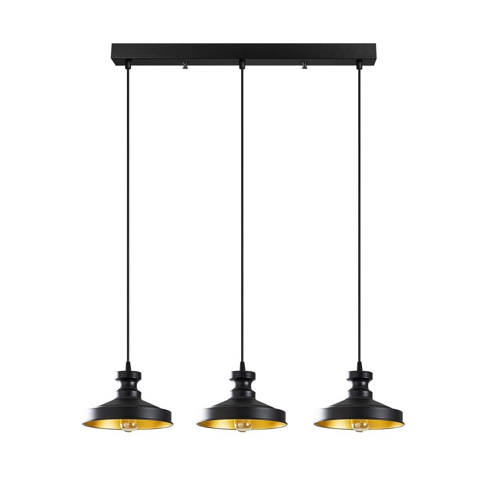 Regleta techo lineal harvey 3 luces con pantallas colgantes negras e interior dorado