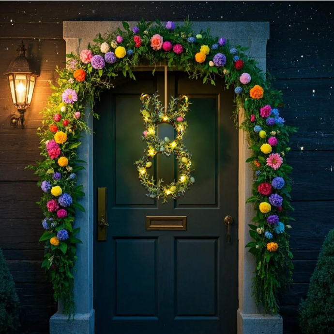 1 pacote de grinalda de primavera de coelho da Páscoa com luzes LED, com ovos, ramos e frutos vermelhos, grinalda de Natal para porta da frente - 7