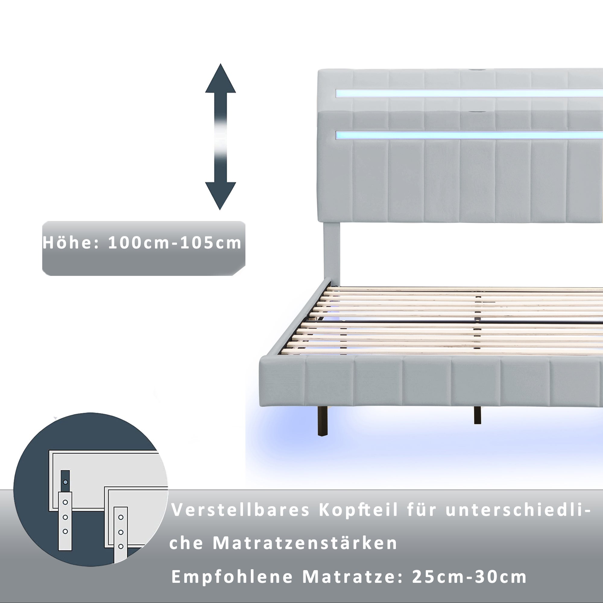 Letto imbottito 160 x 200 cm con testiera - tessuto lino - led - rete a doghe - grigio - 5