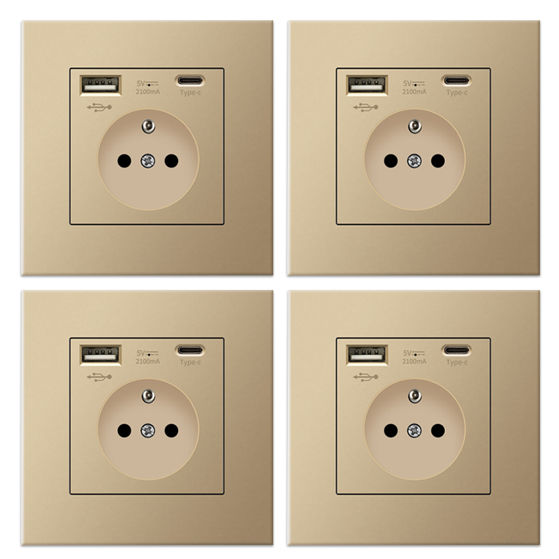 Zestaw 4 gniazd ściennych z USB i Type-C, 5 V 2,1 A, podtynkowe gniazdo USB w standardzie UE, multiprise France, 110-250 V (złote)