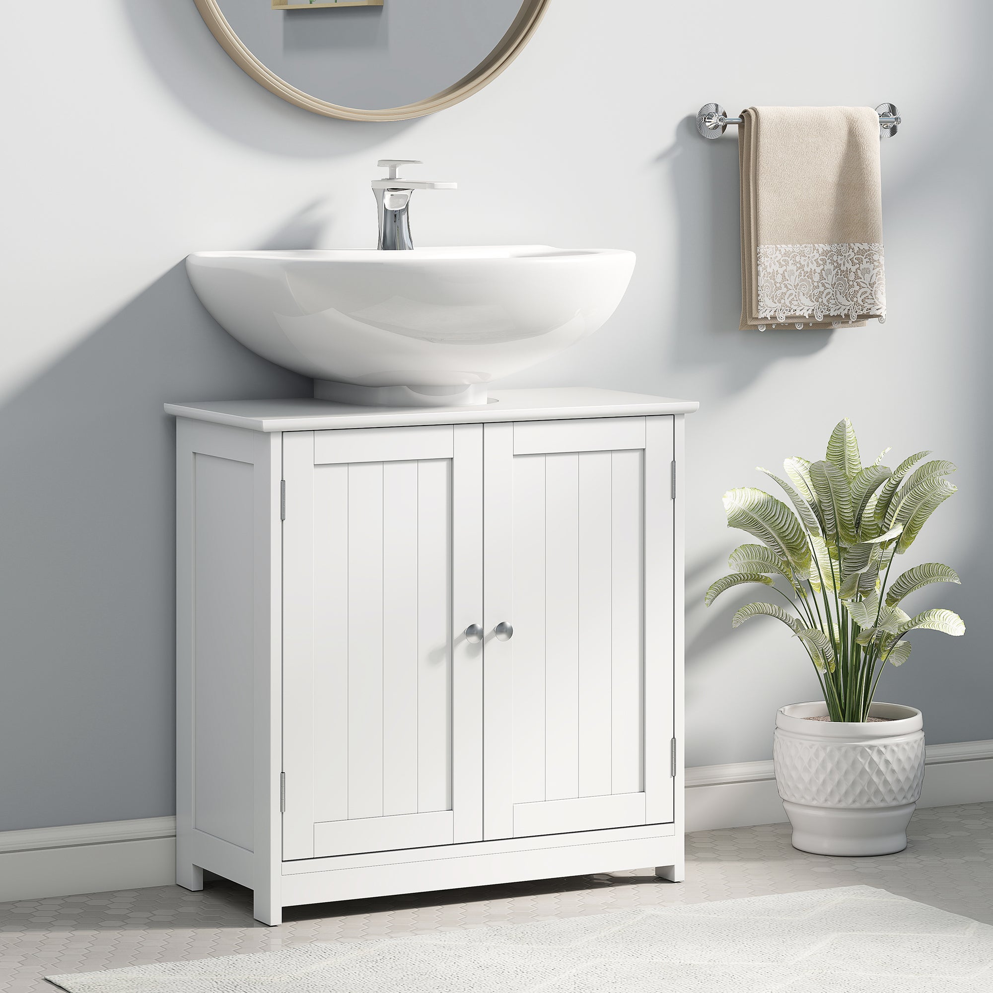 Meuble salle de bain sous lavabo - meuble sous-vasque - placard 2 portes avec étagère - dim. 60L x 30l x 60H cm - en bois blanc - 3