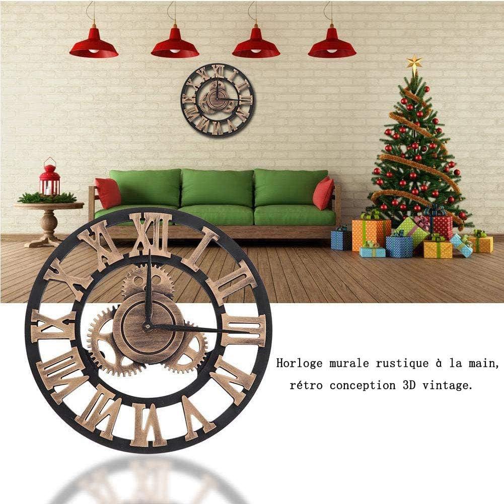 30 * 30cm 3D Horloge Murale Grand Classique Vintage en Bois Silencieux Vitesse Pendaison Chiffre Romain Style Européen Steampunk Décor Industriel pou - 3