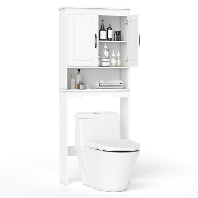 Meuble Toilette Étagère WC, 168 cm de Hauteur, 2 Portes, Compartiments Ouverts, Étagère Réglable, Gain de Place pour Toilettes, Buanderie, Blanc