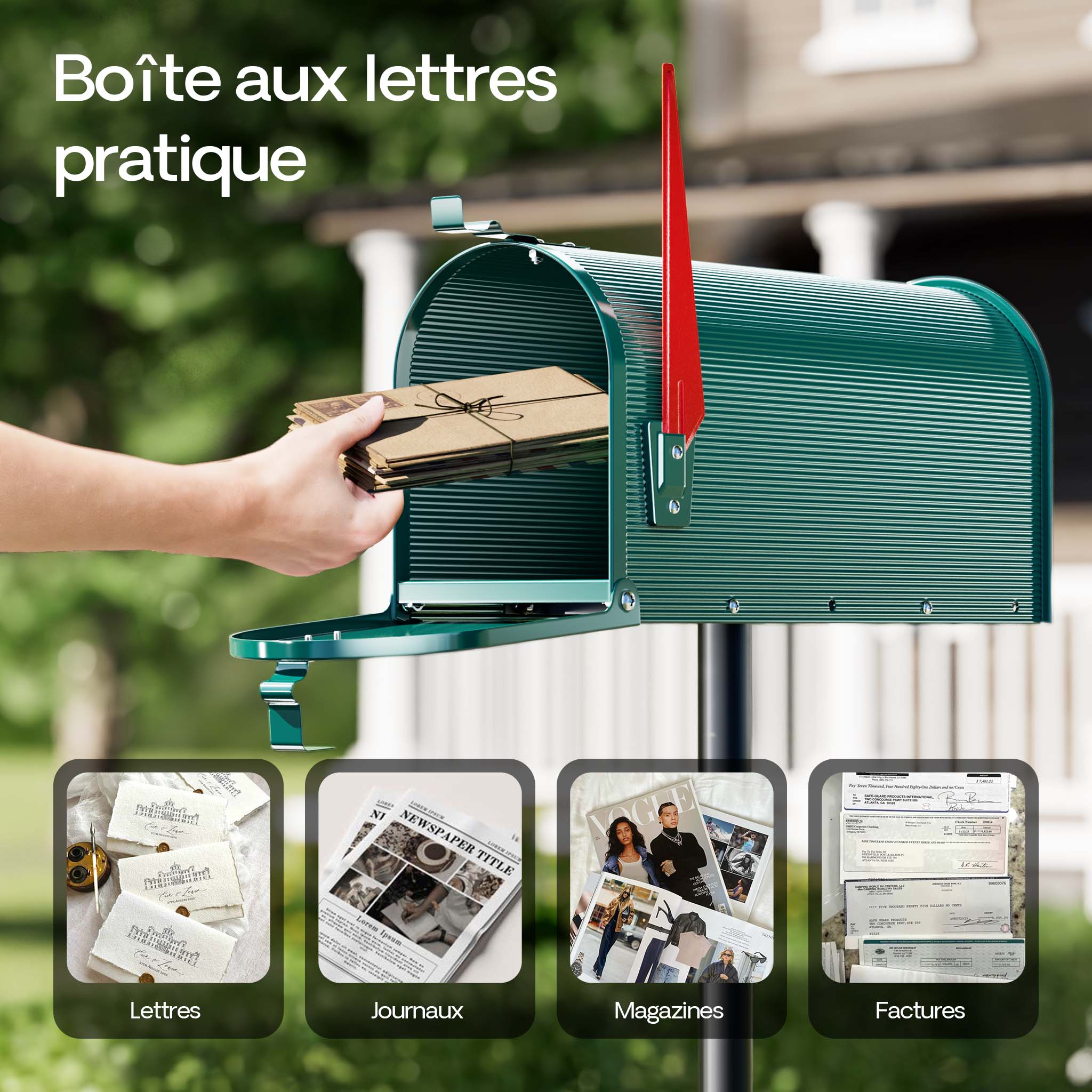 Boîte aux lettres design style américain, 150 x 513 x 223 mm, Couleur verte, Acier galvanisé, Boîte postale US Mailbox avec fanion Wiltec - 4