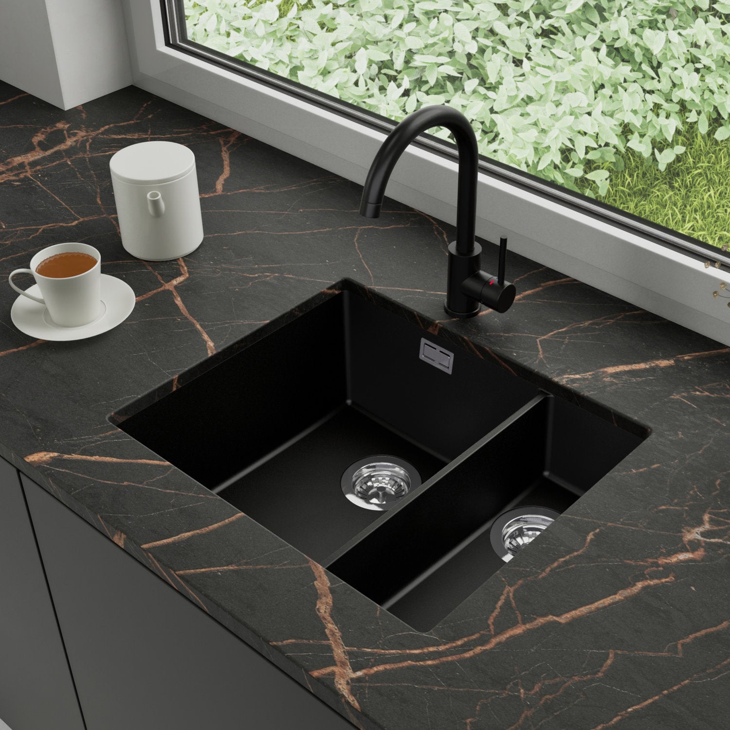 Zlewozmywak podblatowy 56x47cm, do szafki od 60cm + Bateria + Syfon - Agate Czarny STONESTYLE