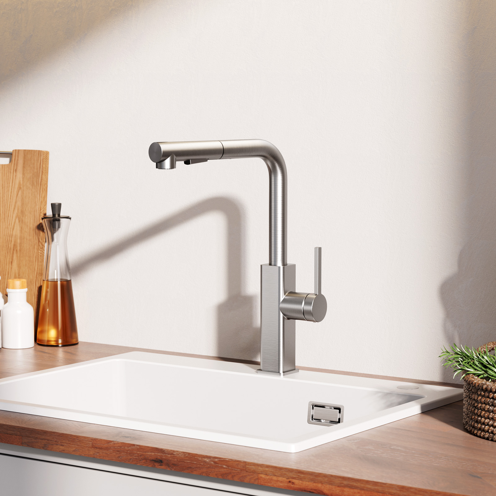 Brossé Robinet de Evier Avec 2 modes d'eau - Robinet de Cuisine avec Douchette Extractible - Mitigeur de Cuisine en Inox - 2