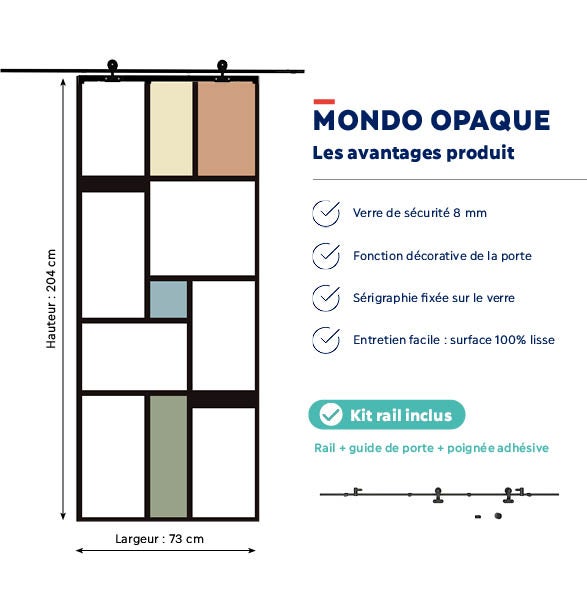 KIT Porte coulissante en verre + Rail coulissant - MONDO OPAQUE - H. 204 x L. 73 - Fabrication Française AURYS NORMANDIE - 2
