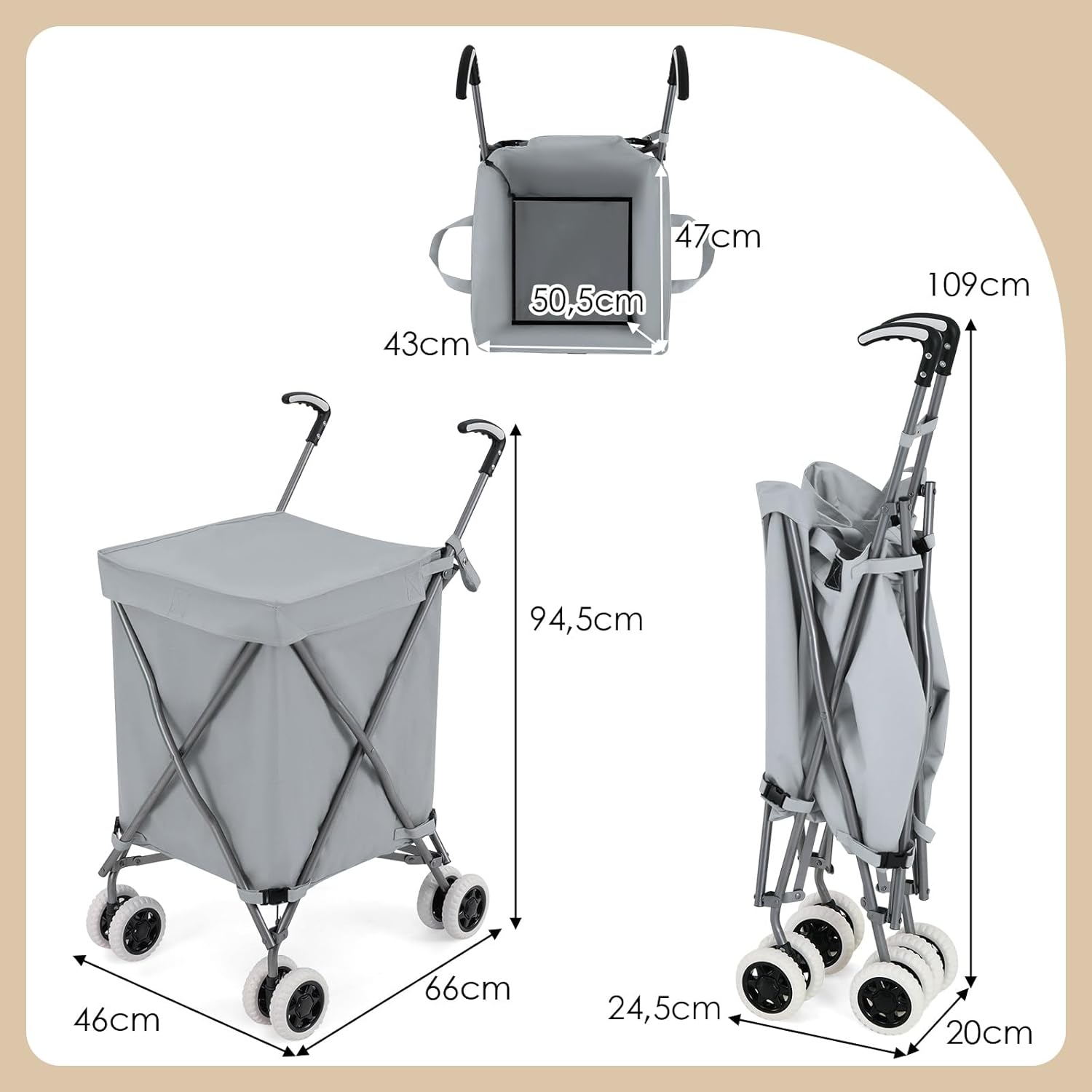 Carrello Spesa Pieghevole con Ruote, Carrello Portaspesa con Fodera in Tessuto Oxford Rimovibile e Impermeabile, 90L, Capacità di peso 55 kg ( - 3