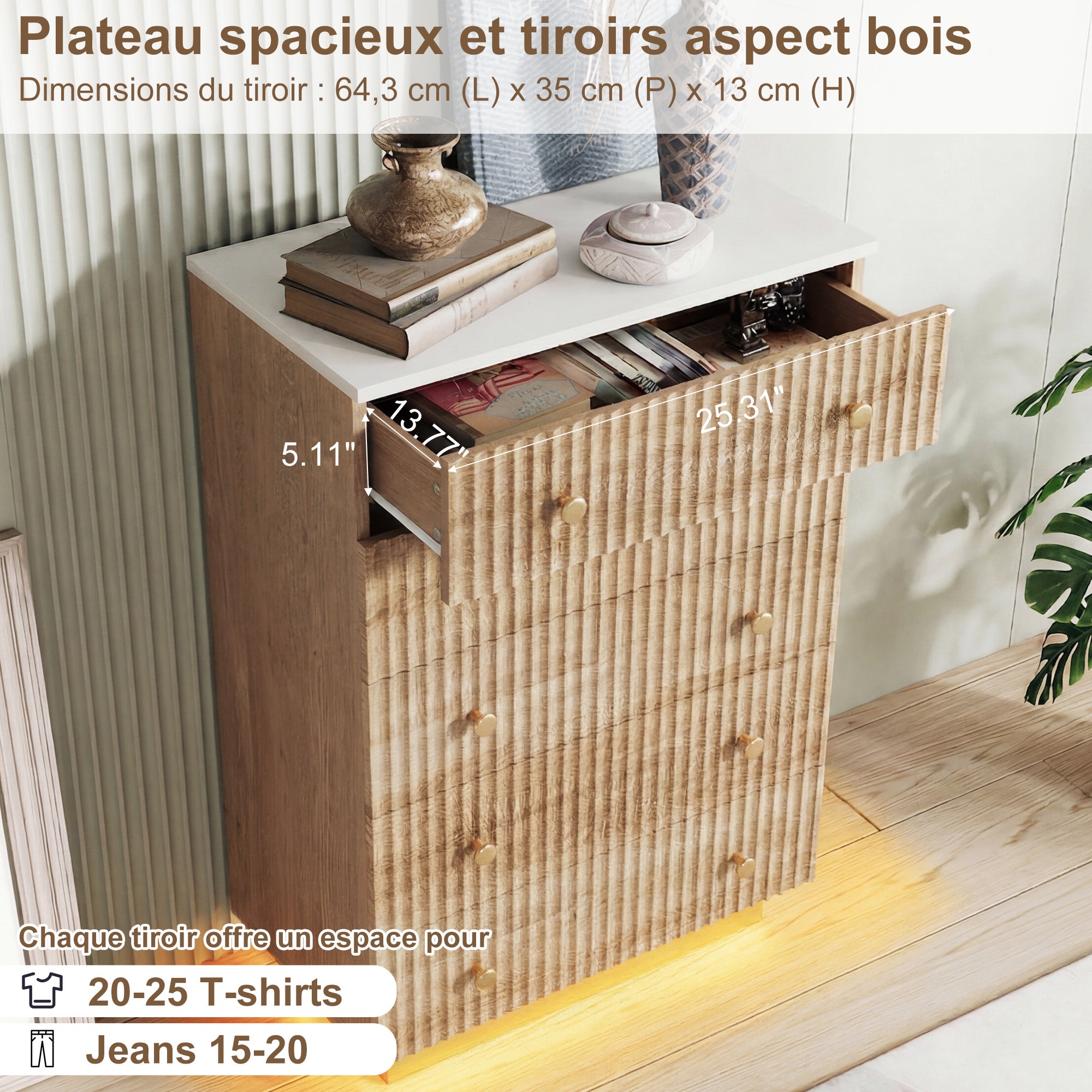 Commode 5 tiroirs - Commode Chambre Meuble de Rangement Style bohème avec Bois - table de chevet avec LED - 40 x 73 x 111 cm - Bois Naturel - 4