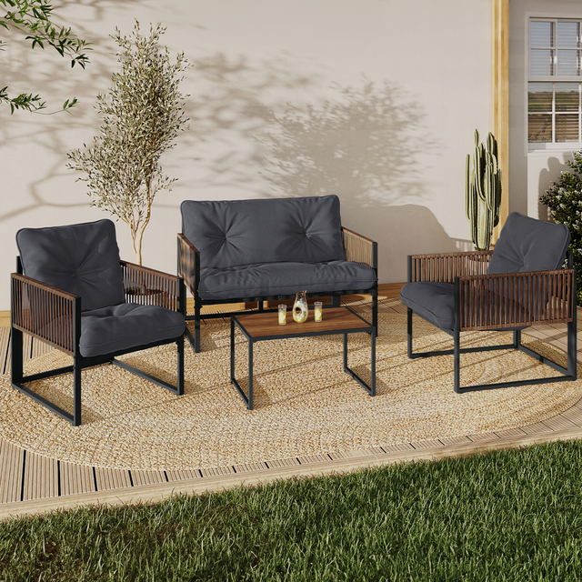 Salon de jardin bas RIO 4 places structure métal gris anthracite, cordage effet rotin avec coussin gris