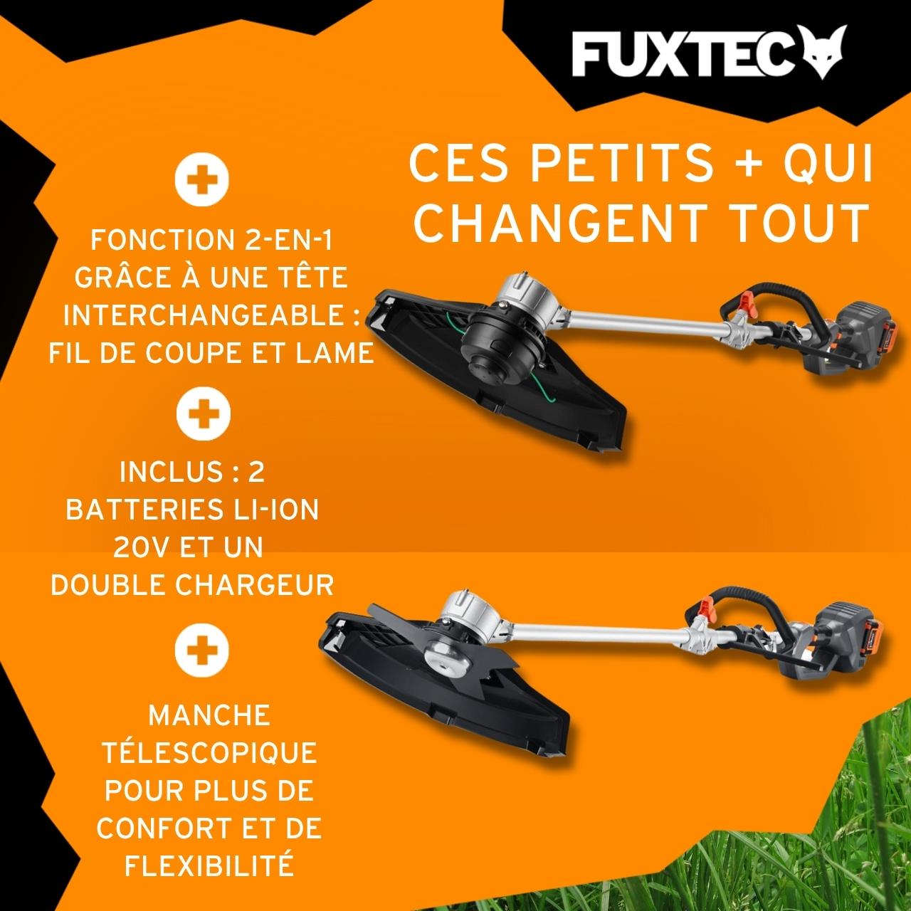 Débroussailleuse sans fil FUXTEC FX-E2MS 2 batteries 20V 2Ah double chargeur 2,4A inclus Fil et lame Largeur 25,5 35cm - 4