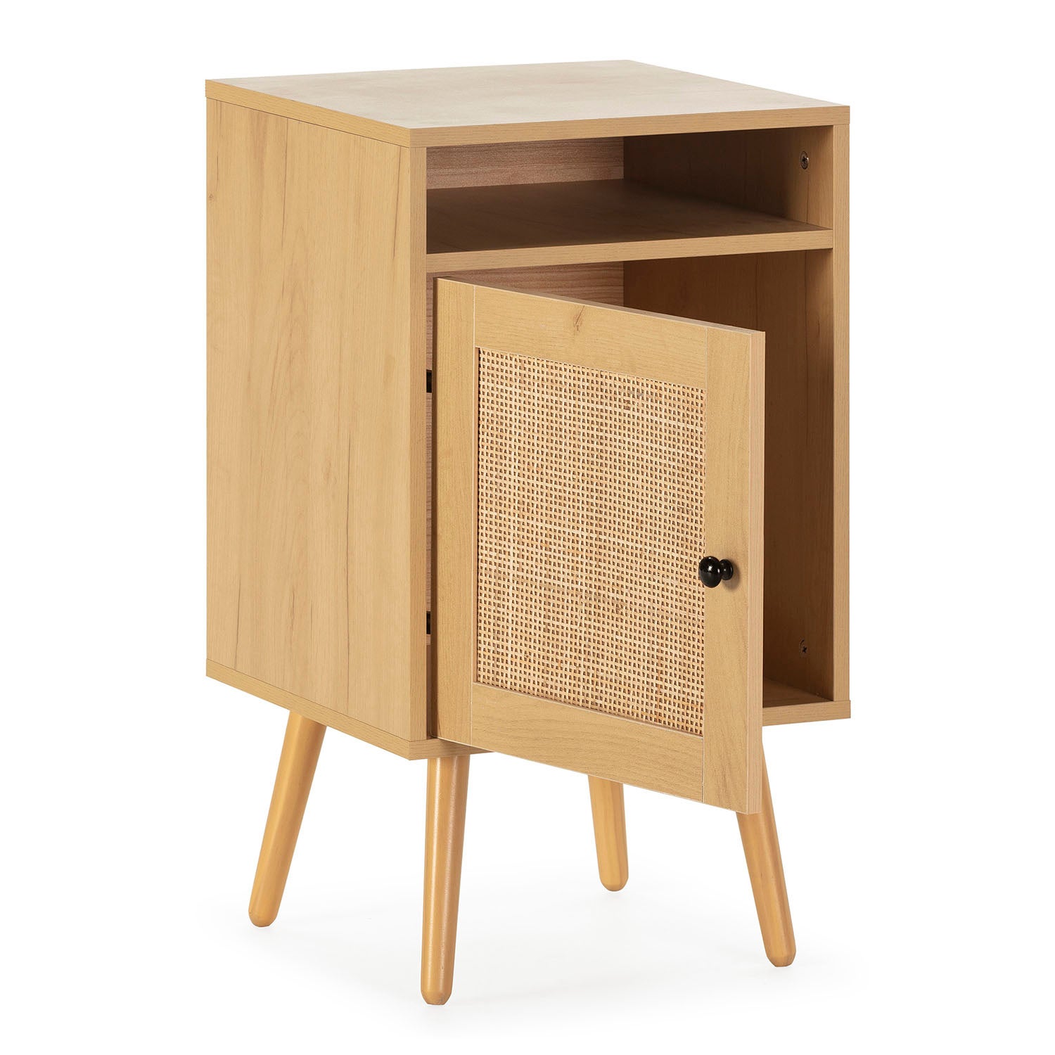 Table de Chevet Bella 1 Porte Couleur Chêne, Rotin Naturel - 2