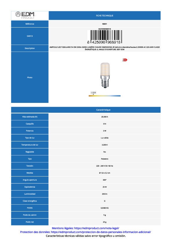 Ampoule LED Tubulaire E14 – 3W – 250lm – 3200K – Lumière chaude – Ø1,8x5,2cm - 6