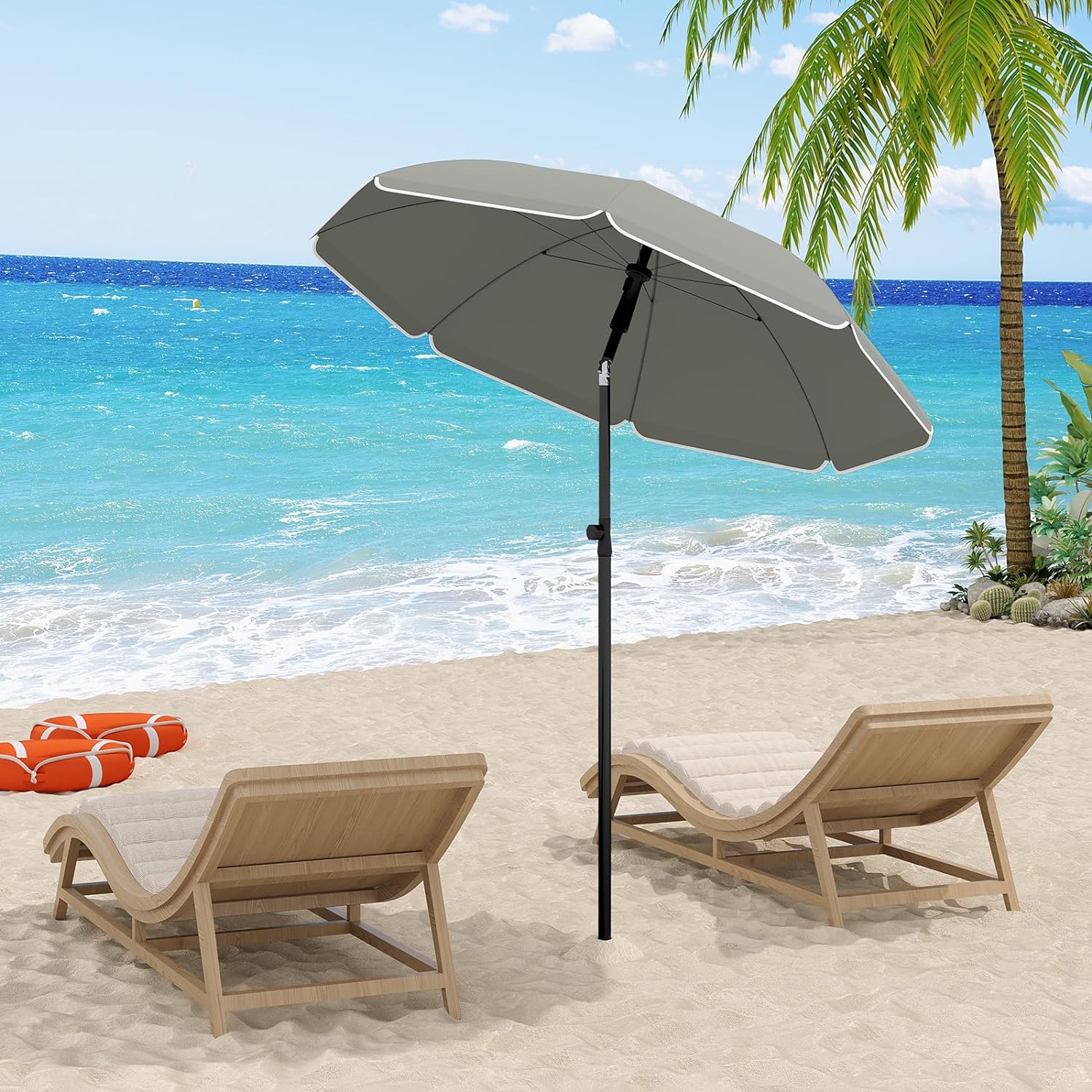WOLTU Parasol de Jardin Extérieur, Parasol Plage, Hauteur Réglable, Parasol pour Balcon, Terrasse, Plage, Marché, Anti-UV, φ 155 cm Gris Foncé - 2