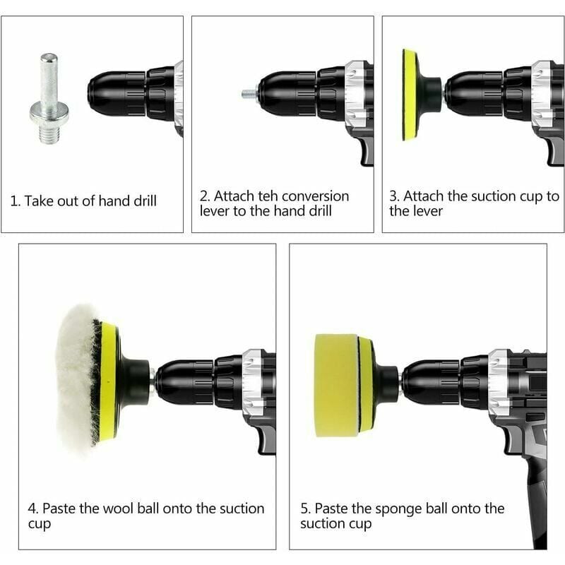 Kit Polissage Voiture 25 Pièces – Tampons + Adaptateur Perceuse M10 – Mousse & Laine pour Polish Auto, Finition Pro - 5