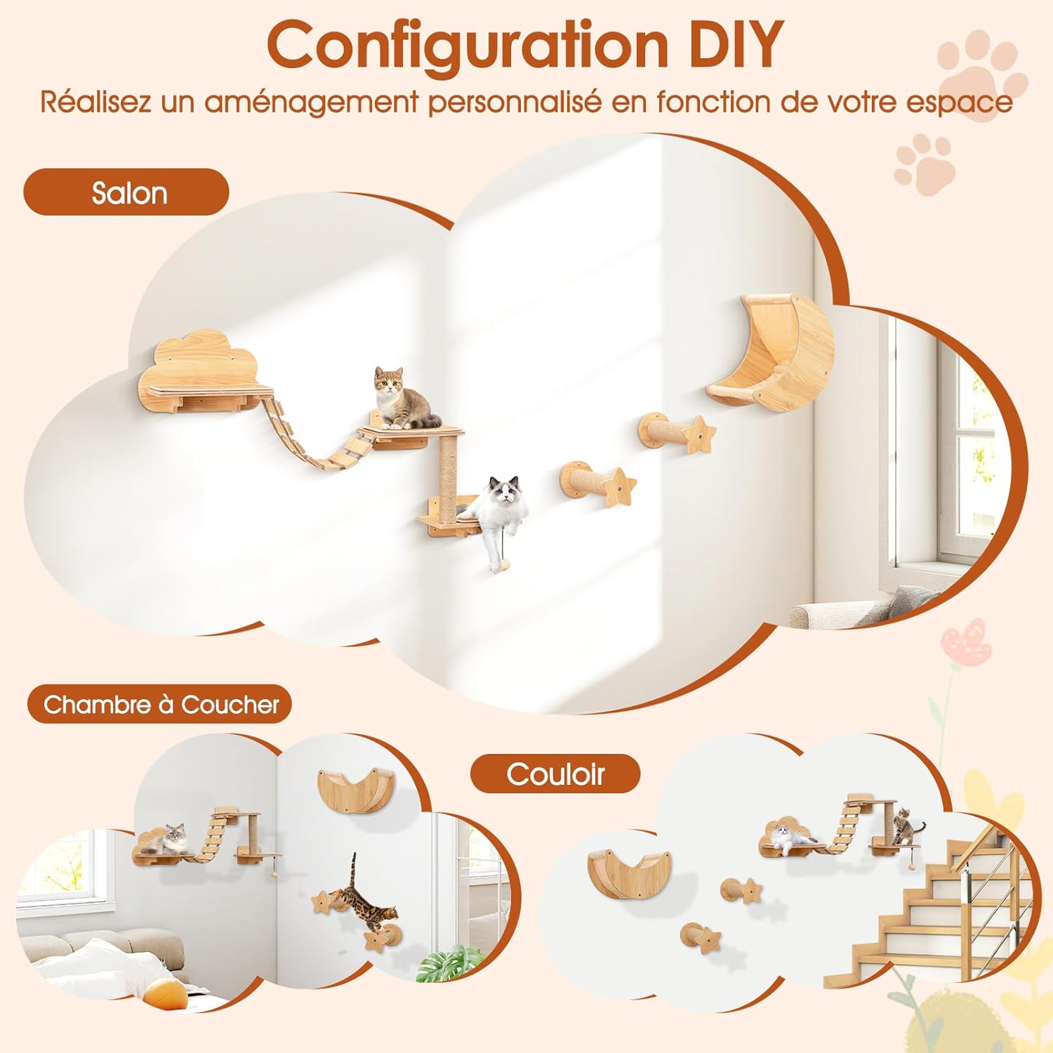 Arbre à Chat Mural en Bois, 6 Pcs Parcours Chat, Hamac en Forme de Lune, Pont, Tour pour Chaton à 2 Niveaux, Plateforme, 2 Marches - 9