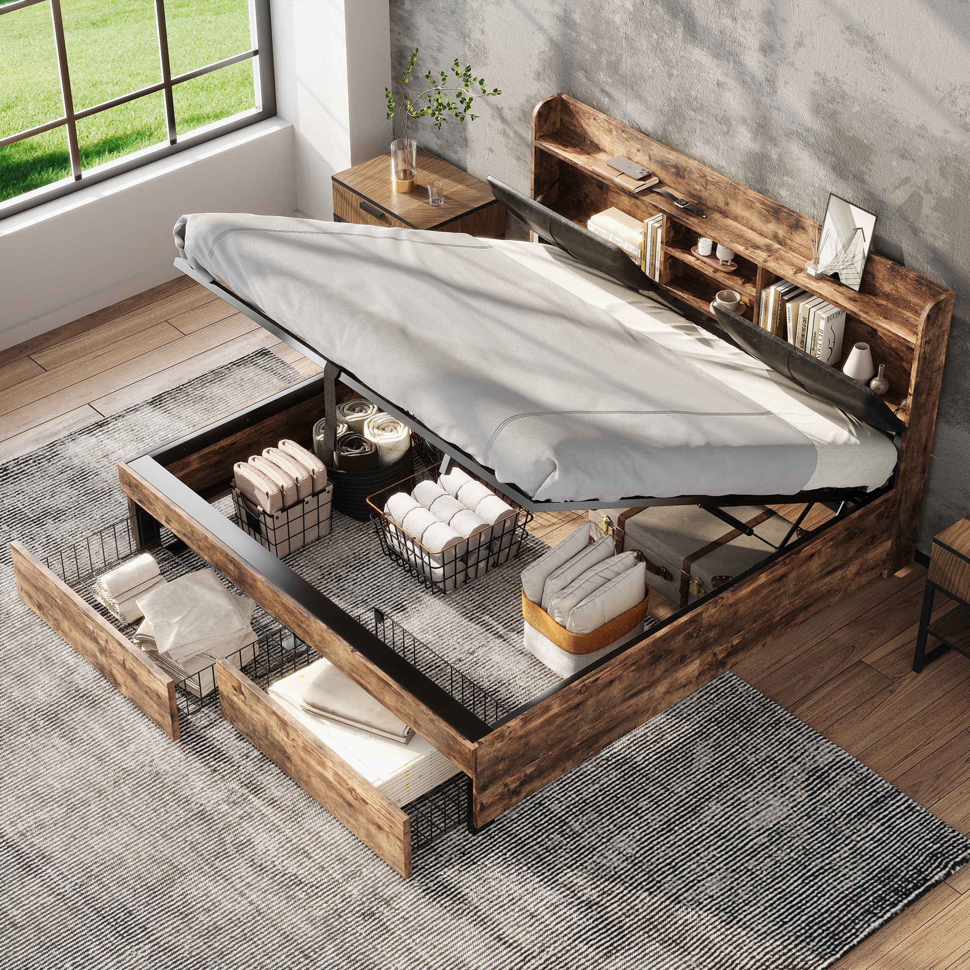 Letto matrimoniale 140x200 cm in velluto beige con contenitore idraulico, testiera imbottita con tasche laterali e strisce LED. | Leroy Merlin