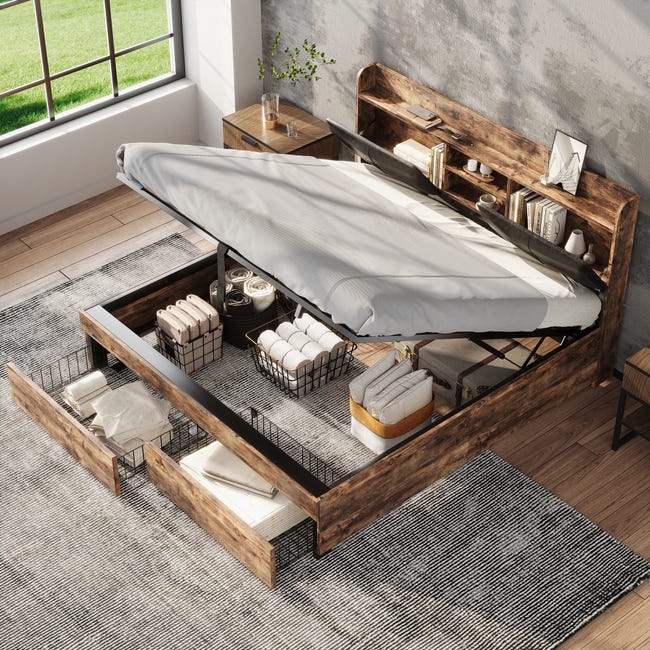 Letto matrimoniale 140x200 cm in velluto beige con contenitore idraulico, testiera imbottita con tasche laterali e strisce LED. | Leroy Merlin Letto matrimoniale 140x200 cm in velluto beige con contenitore idraulico, testiera imbottita con tasche laterali e strisce LED. | Leroy Merlin