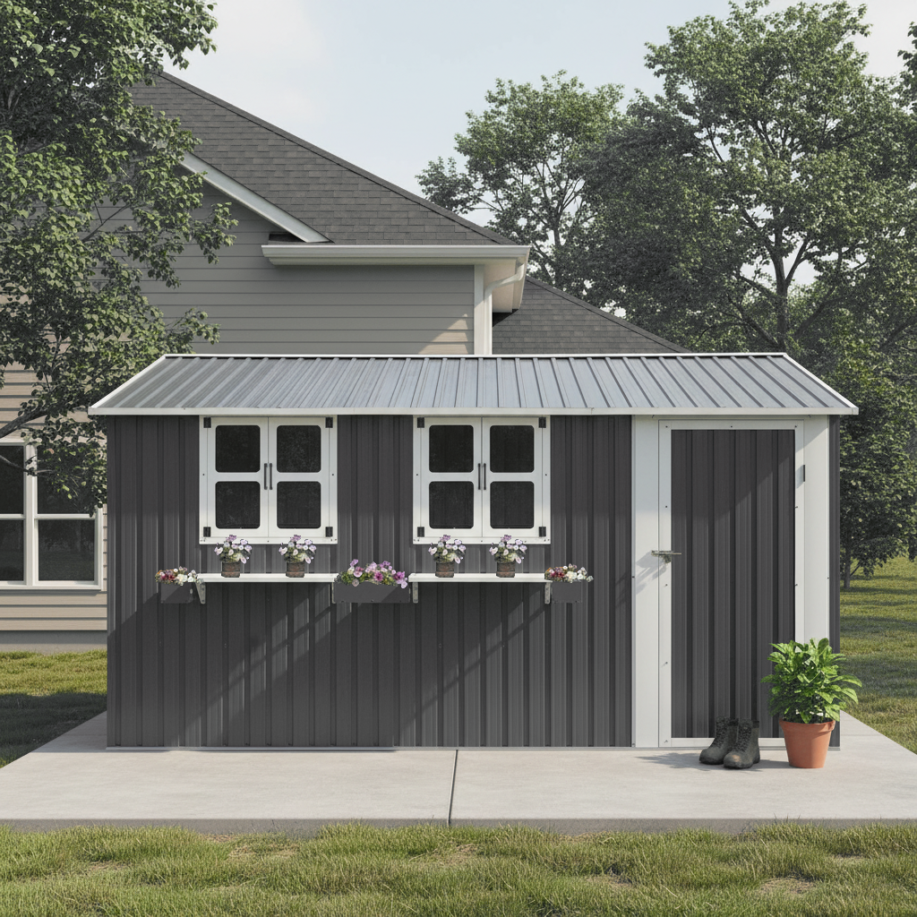 Cobertizo de jardín metálico (359,4x284,2 cm),Caseta jardín para exteriores 10,21 m²,con 3 ventanas,puerta con cerradura y spuesto flores,Gris - 2
