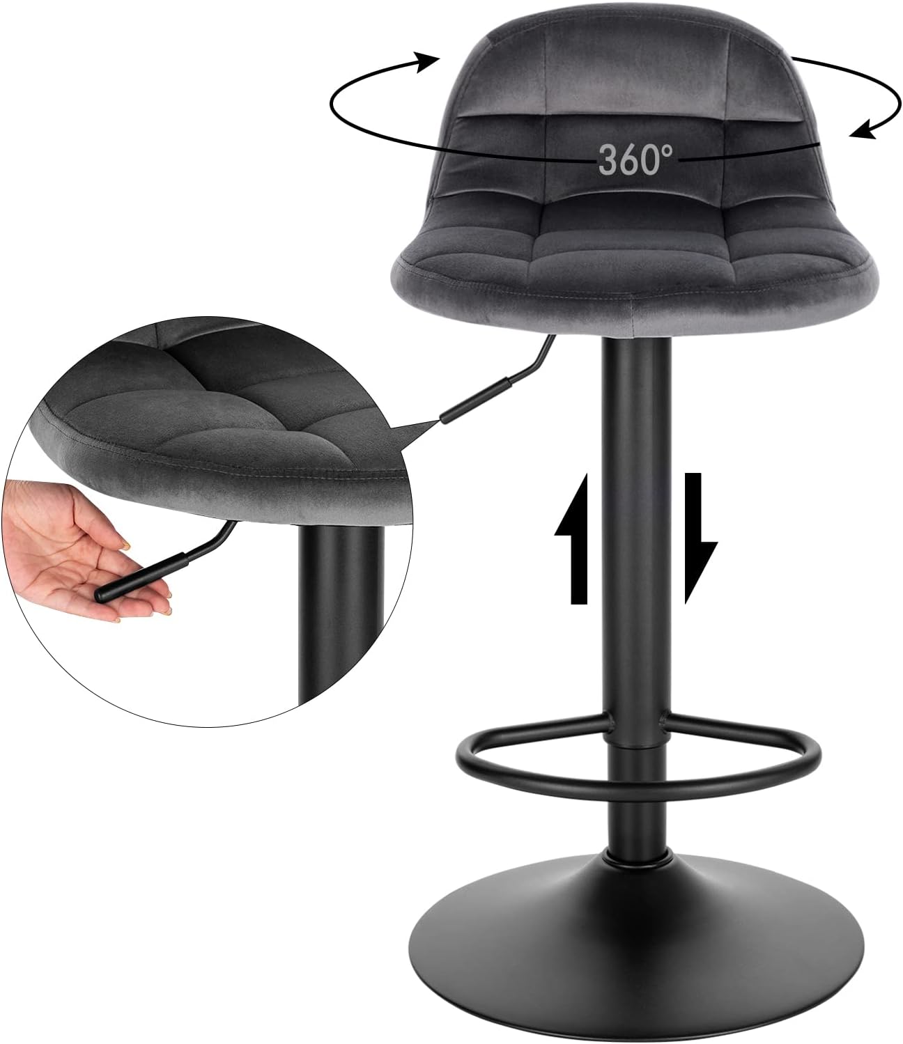 Lot de 4 Tabourets de Bar en Velours WOLTU, Tabouret de Comptoir Tabouret Haut Hauteur Réglable Pivotant à 360°, Gris Foncé - 3