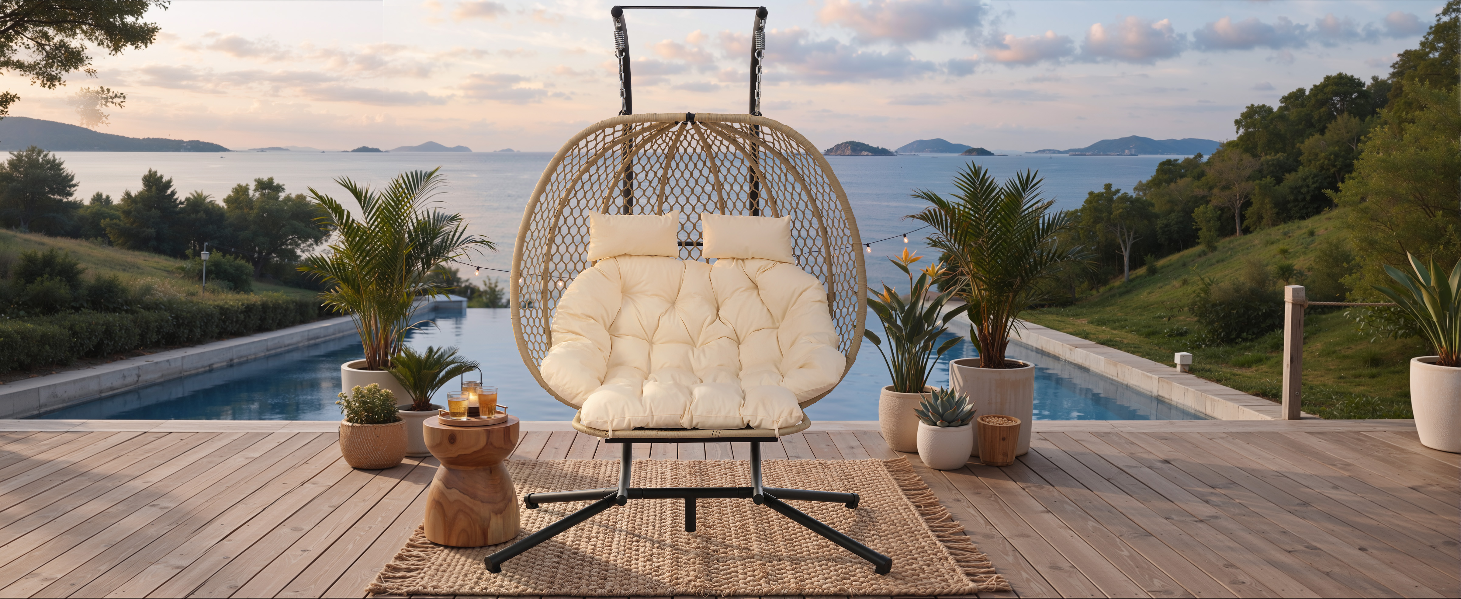 Fauteuil Oeuf Suspendu Double avec Support - Balancelle de Jardin avec Repose-pieds Réglable, Coussin Épais et Appuie-têtes - Beige - 9