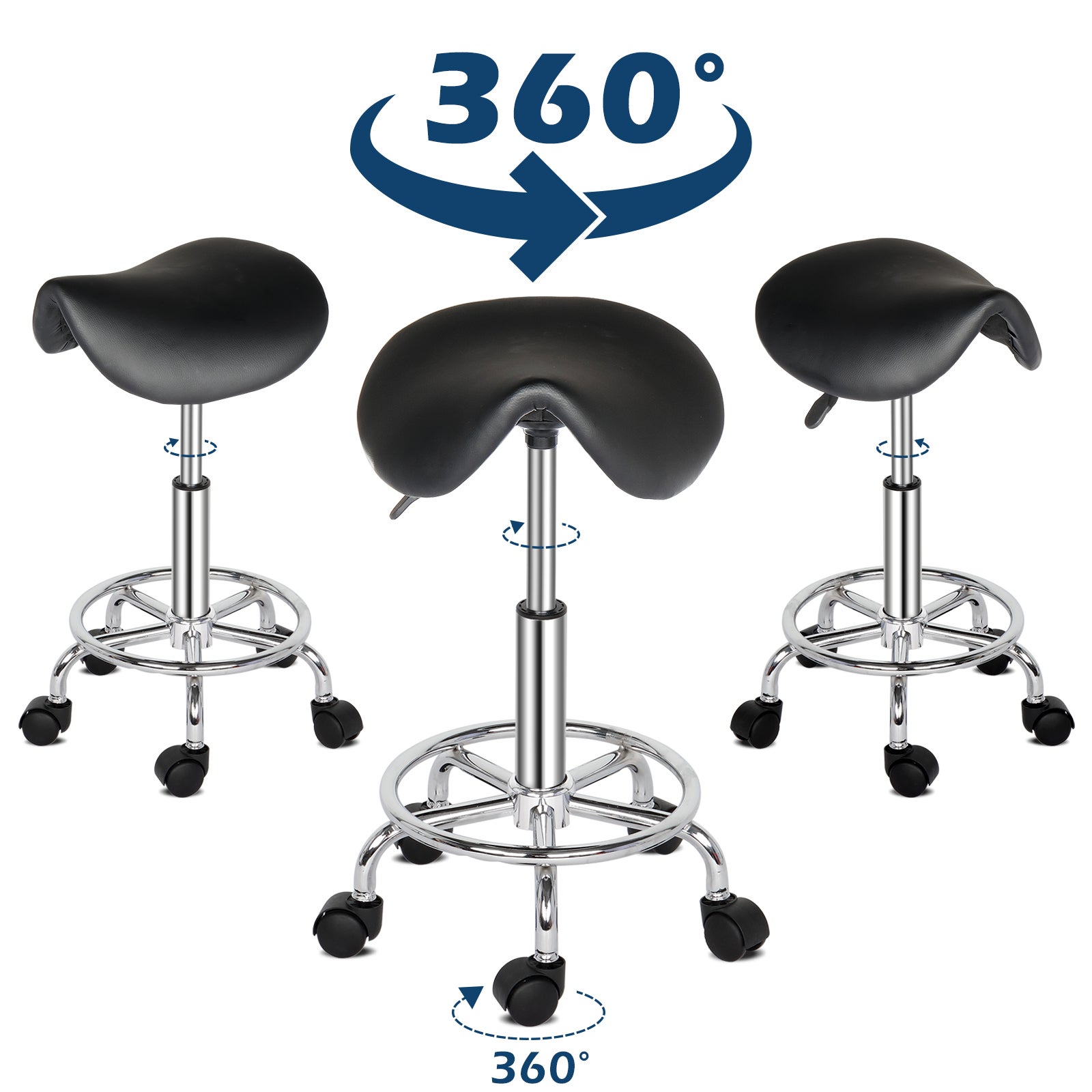 Tabouret bar Tabouret de Technicien en Similicuir avec Vérin à Gaz Certifié SGS,Roulettes en Nylon,150 kg,Noir,Assise en Forme de Selle Meuble cuisine - 2