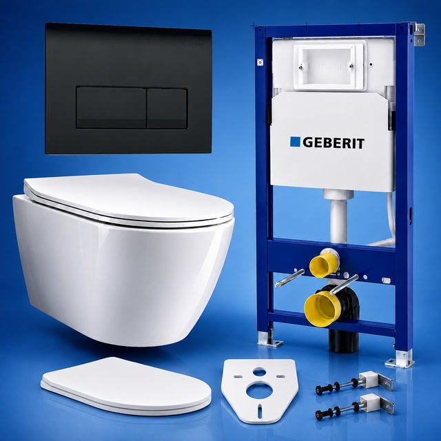 Pack WC GEBERIT bâti-support Duofix + WC Slim Soft-Close ROLO blanc + tapis d'isolation acoustique + plaque noir
