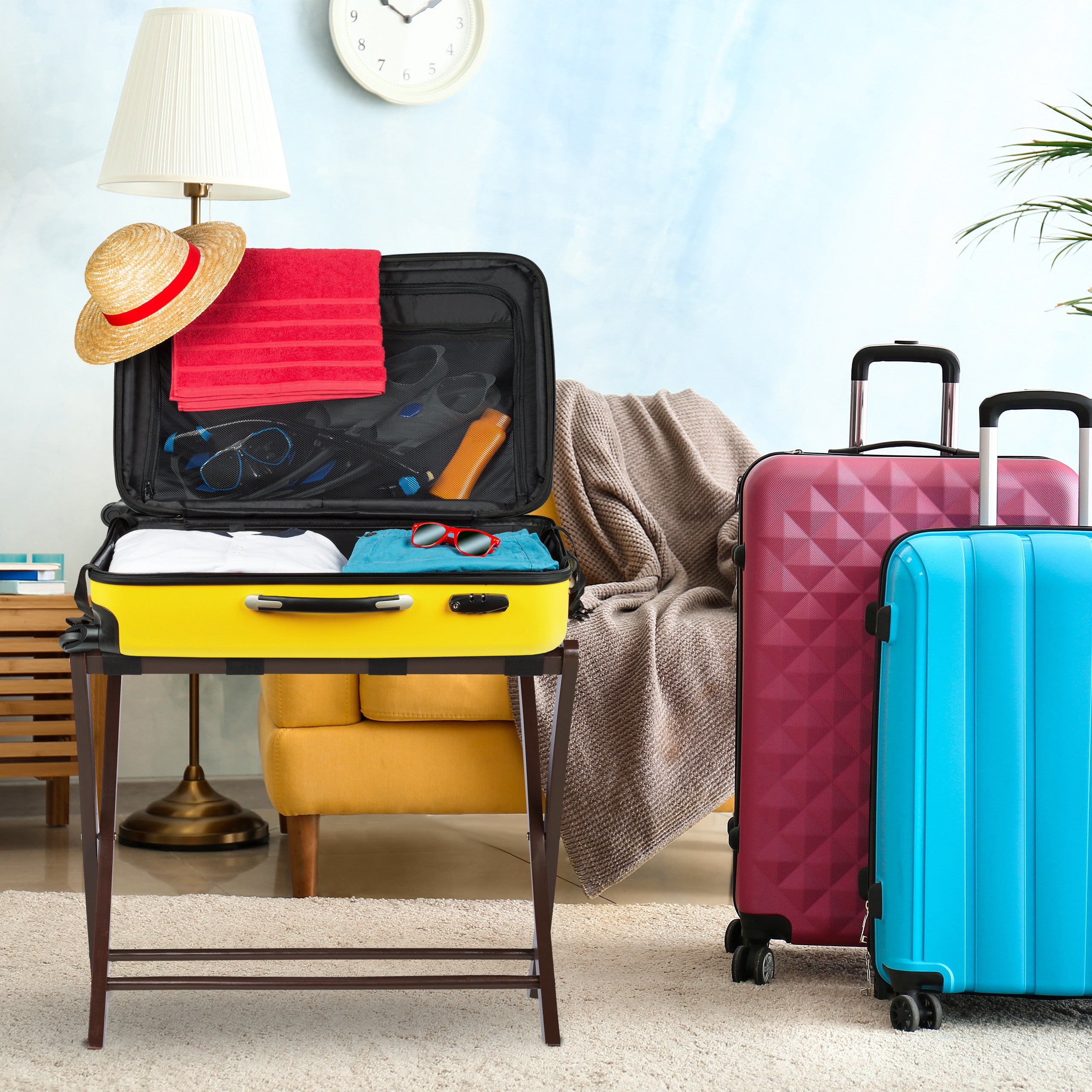 Porte-Bagages Pliable En Bois Massif – Valet De Bagages Hôtel Luxe, Étagère à Valise Pliante