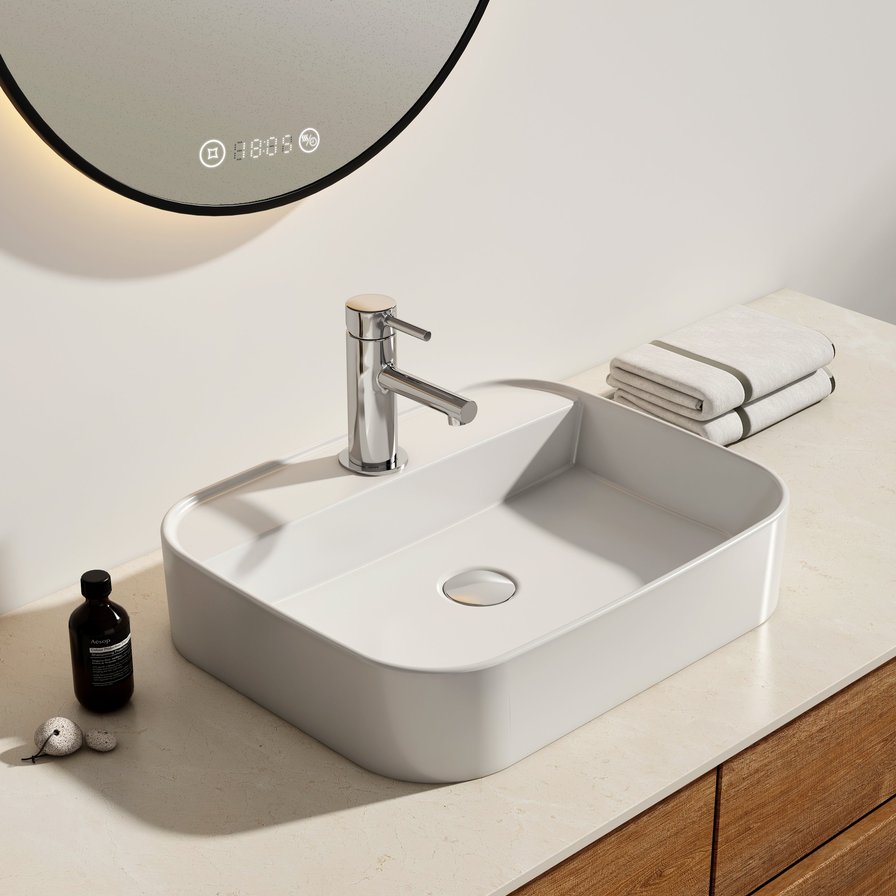 EMKE Umywalka ceramiczna 50x40x11 cm, Prostokątna Umywalka nablatowa z nawierconym otworem na baterię, brylantowa biel